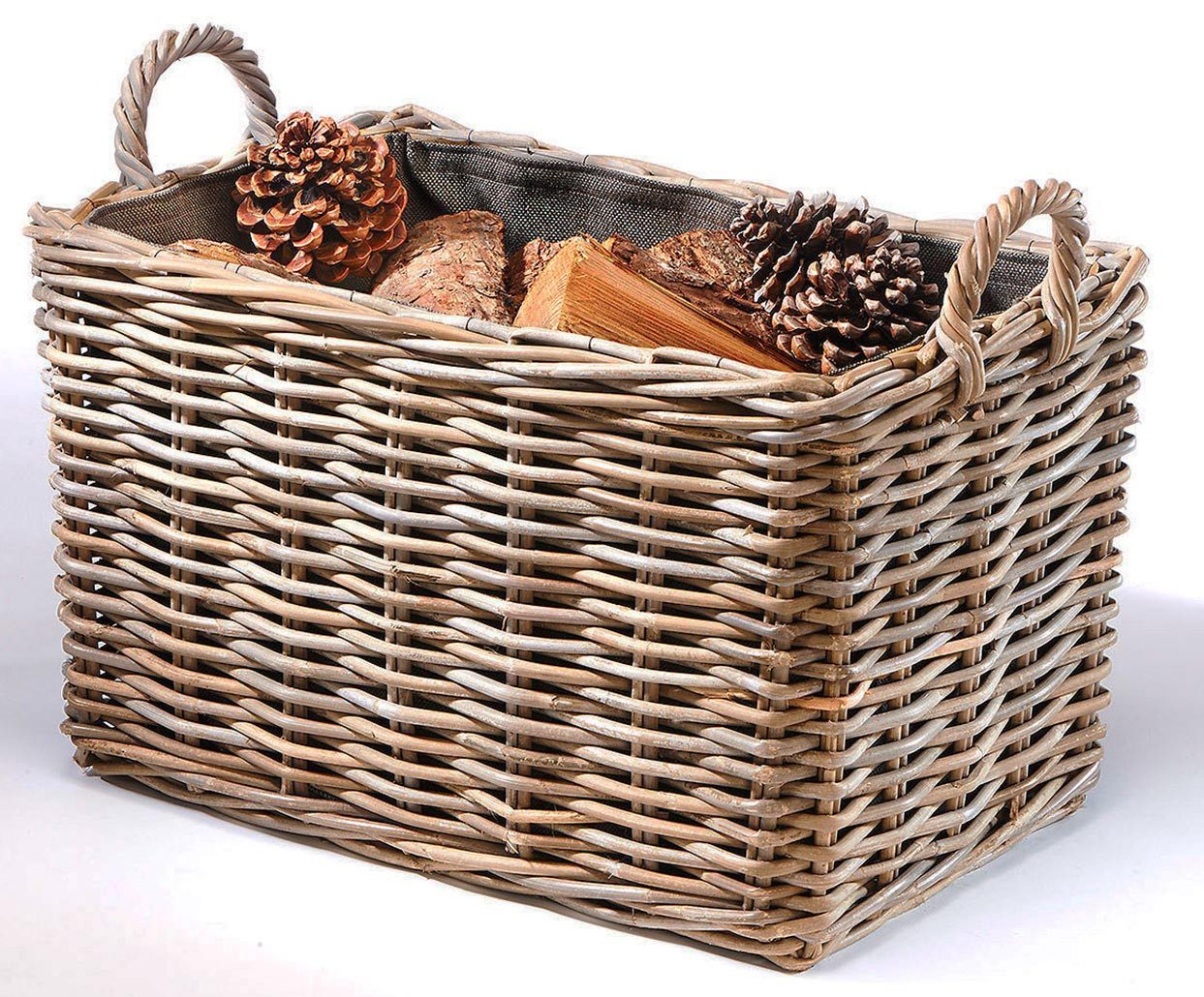 Kobolo Kaminholzkorb Holzkorb eckig aus grauem Rattan mit Leinenstoff günstig online kaufen