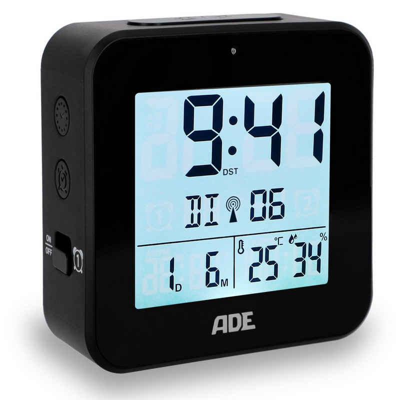 ADE Funkwecker Wecker digital funk mit Temperatur und Luftfeuchtigkeit automatischer Lichtsensor, 2 Weckzeiten, Schlummerfunktion
