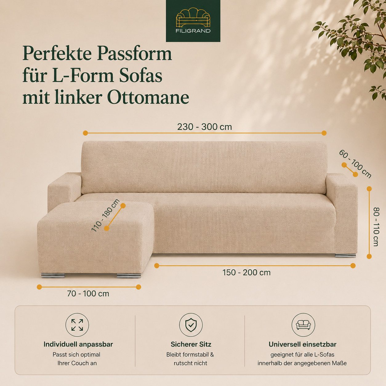 Belmarti Sofahusse 1-teiliger Sofabezug für L-Form mit Ottomane, hergestellt in Spanien, elastisches Material, hochwertiger und langlebiger Baumwollmix