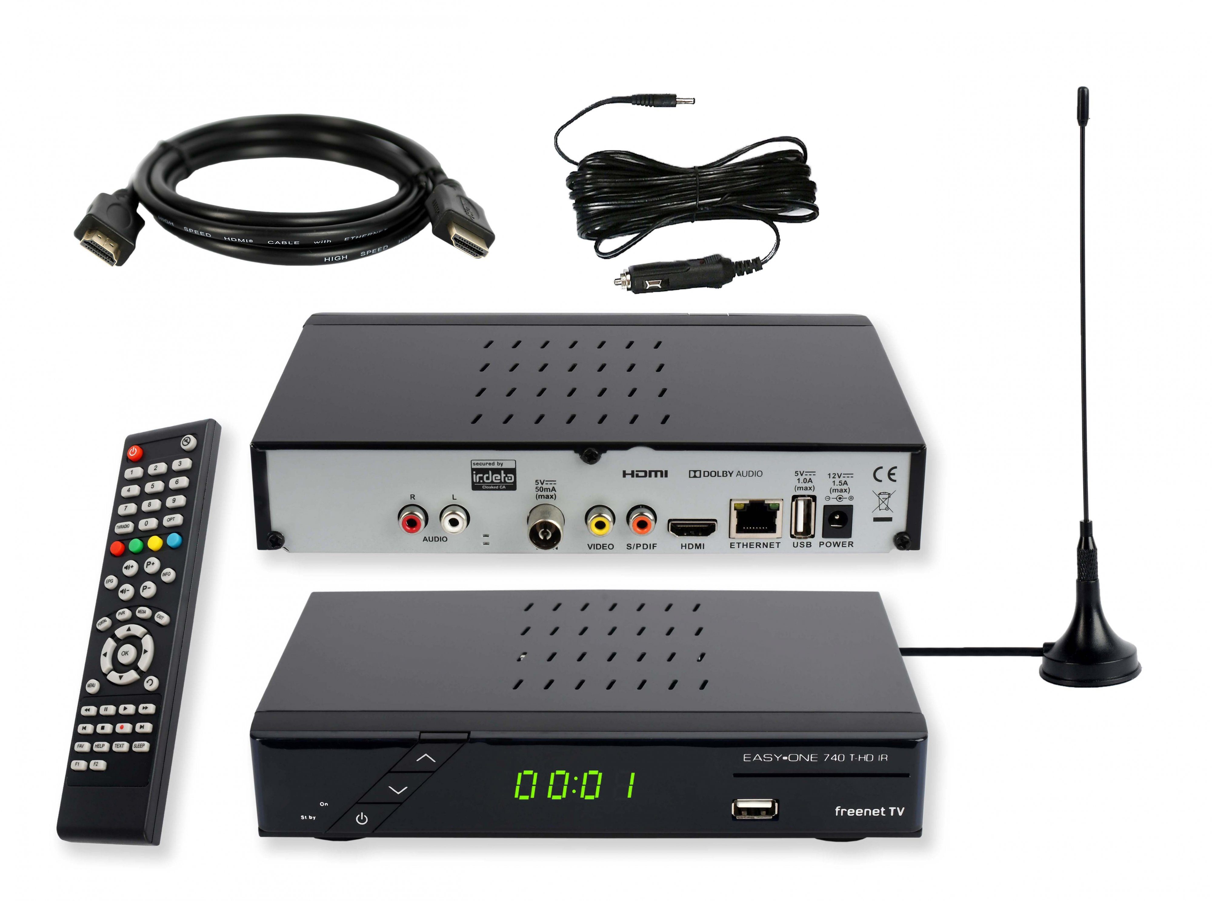 EasyOne 740 HD freenet Kabel, & HD HDMI 12V Antenne) passive DVB-T2 Receiver TV (2m DVBT Camping