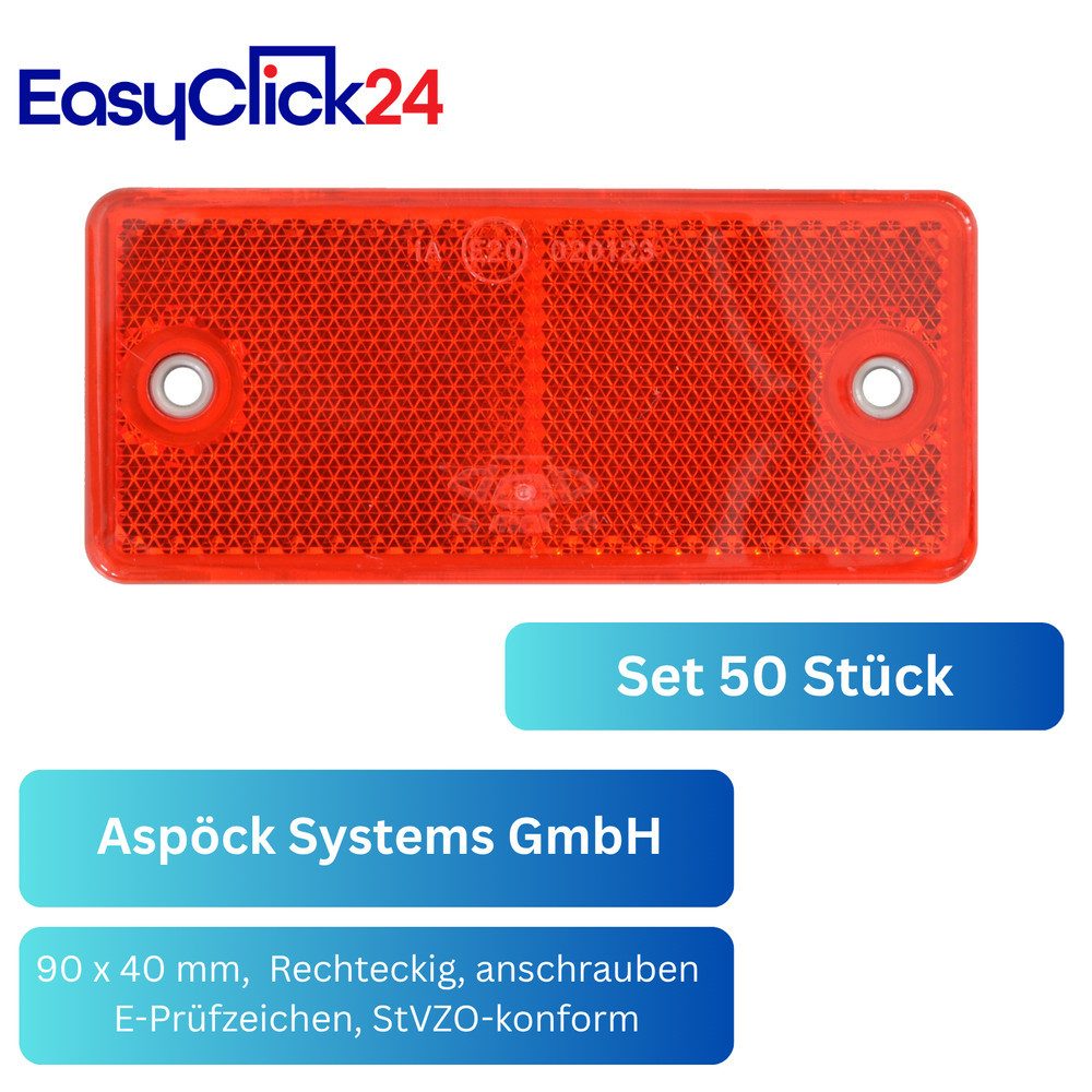 Aspöck Anhänger 50x Aspöck Rückstrahler rot 90x40mm schraubbar E-Prüfzeichen Anhänger, E-geprüft