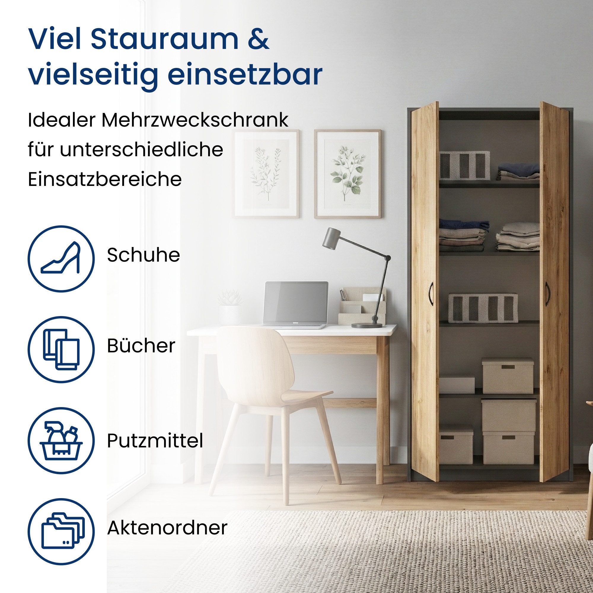 Home Collective Mehrzweckschrank Kleiderschrank Regal 74cm breit 180cm hoch Aktenschrank mit vier Einlegeböden, Haushaltsschrank in Anthrazit mit Eichefarben