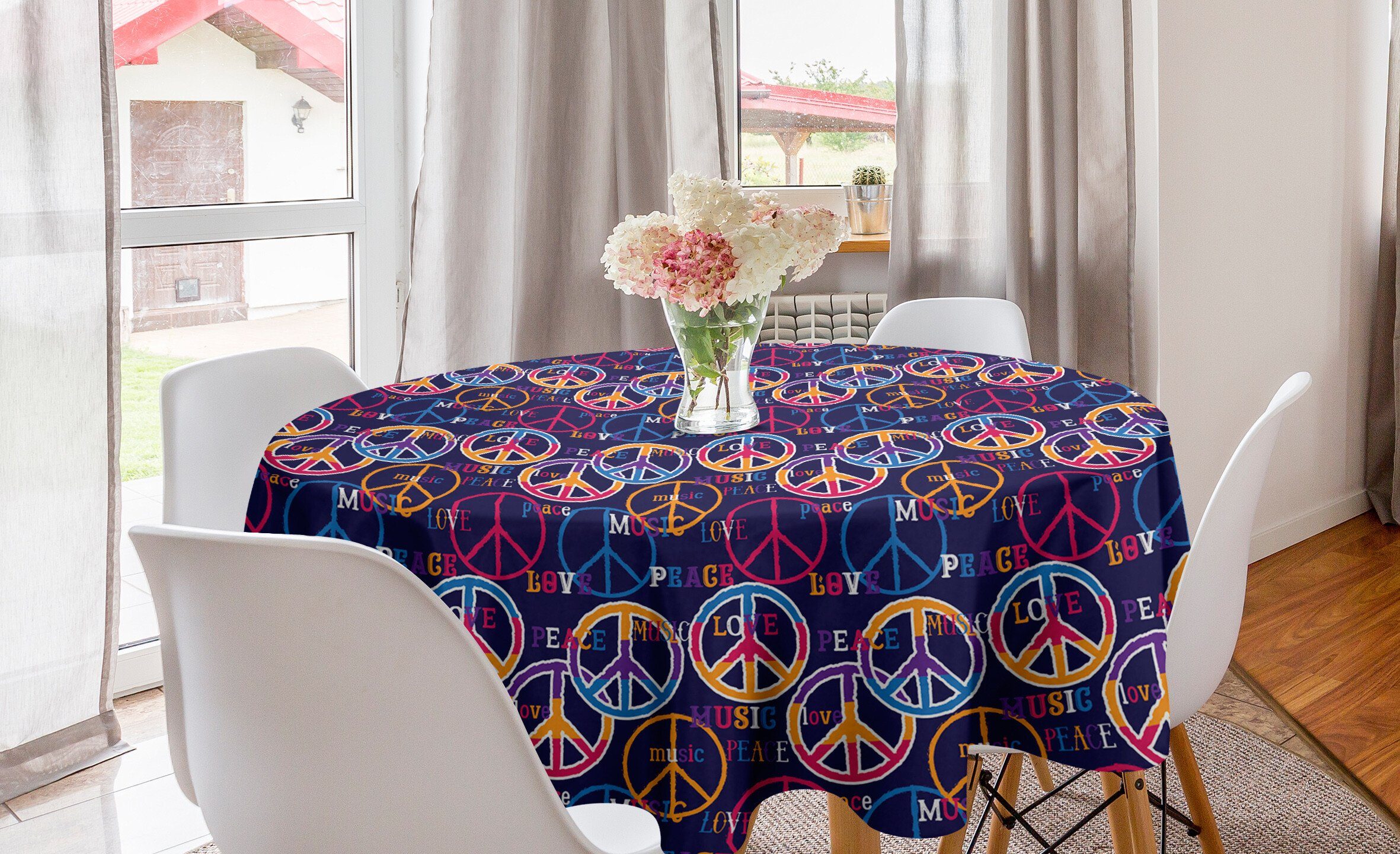 Abakuhaus Tischdecke Kreis Tischdecke Abdeckung für Esszimmer Küche Dekoration, Hipster Love Music Retro Friedenszeichen | Tischdecken