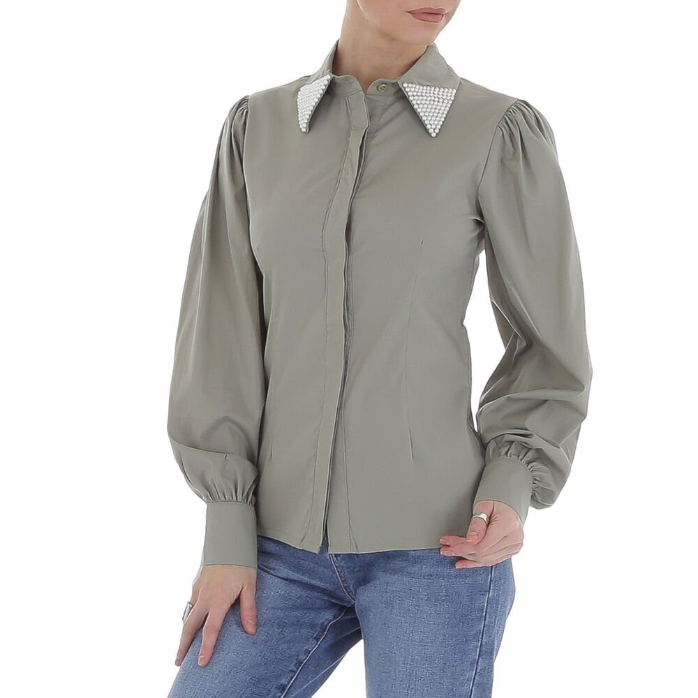 Ital-Design Langarmbluse Damen Elegant Hemd Perlen Bluse in Olive