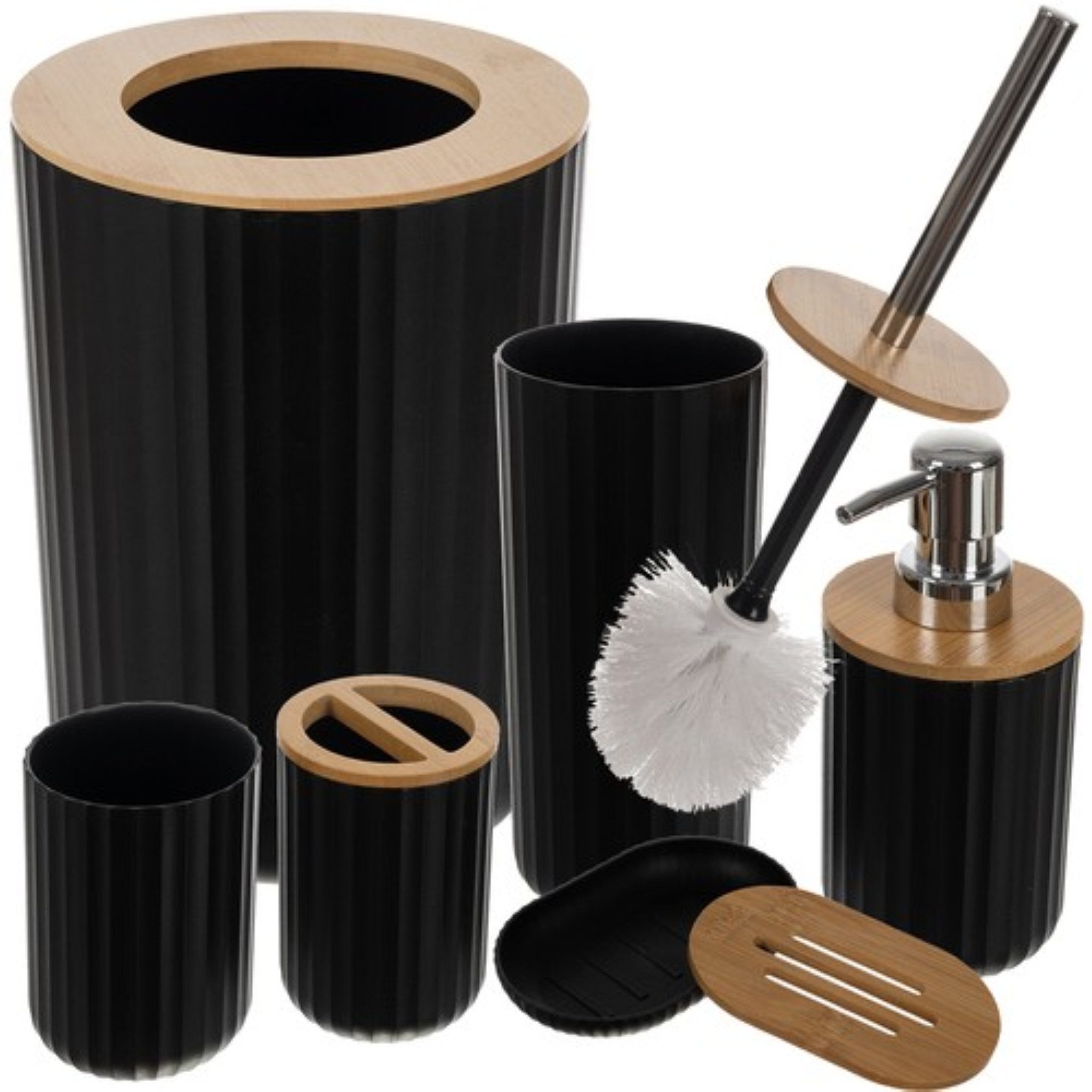 Ruhhy WC-Reinigungsbürste Badezimmer-Set 6-teilig modern geriffeltes Design Bambus Braun, (Modernes Badezimmer-Set mit WC-Bürste, Seifenspender und Abfallbehälter., 6-teiliges Badezimmer-Set aus PP, Bambus Edelstahl modernes Design), Geriffeltes Design, Bambusakzente, langlebige Materialien, hygienisch.