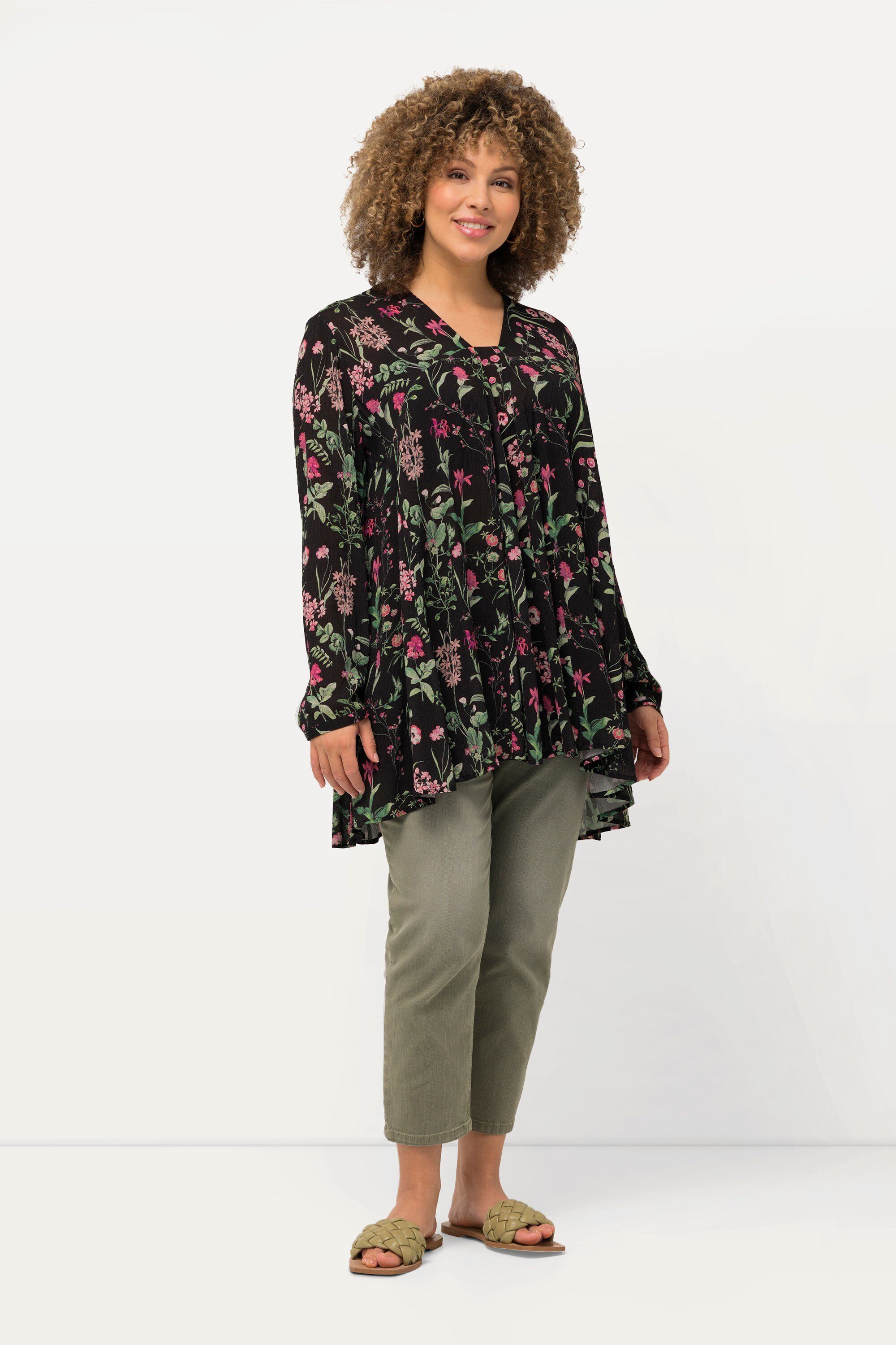 Longbluse Bluse bedruckt A-Linie Carree-Ausschnitt Langarm