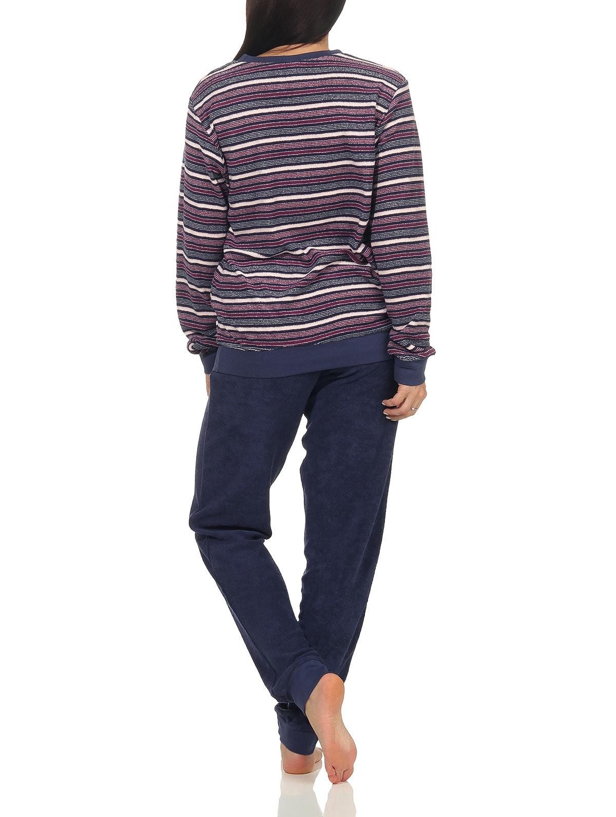 Normann Pyjama Damen Frottee Pyjama langarm Schlafanzug mit Bündchen Streifenoptik – Bild 4 von 5