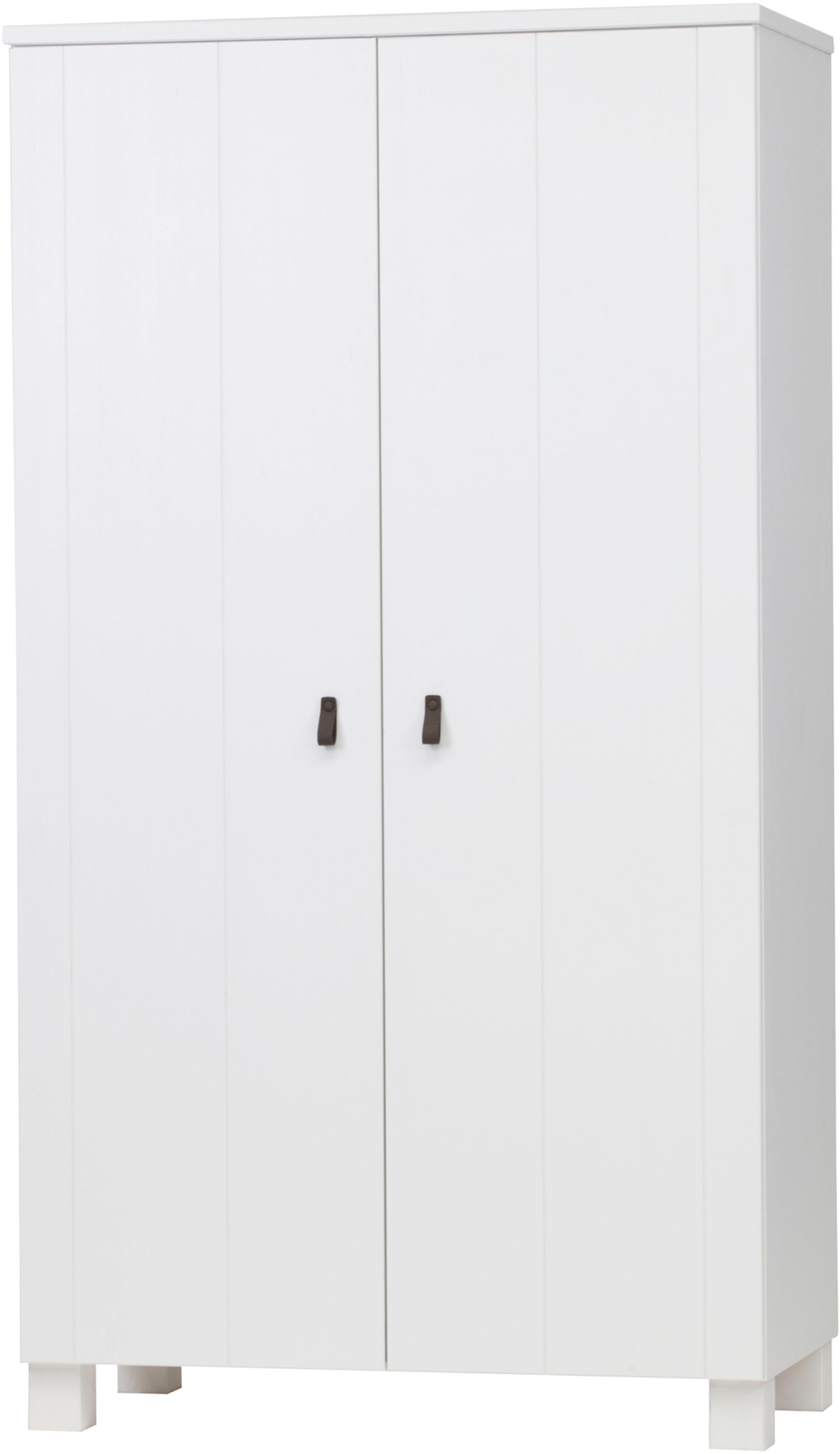 WOOOD Garderobenschrank Ties FSC®-Kiefernholz gebürstet mit Ledergriffen, H202 x B111 x T55 cm V-Nuten-Türen, Tragkraft 10 kg pro Einlegeboden, Melamininterieur