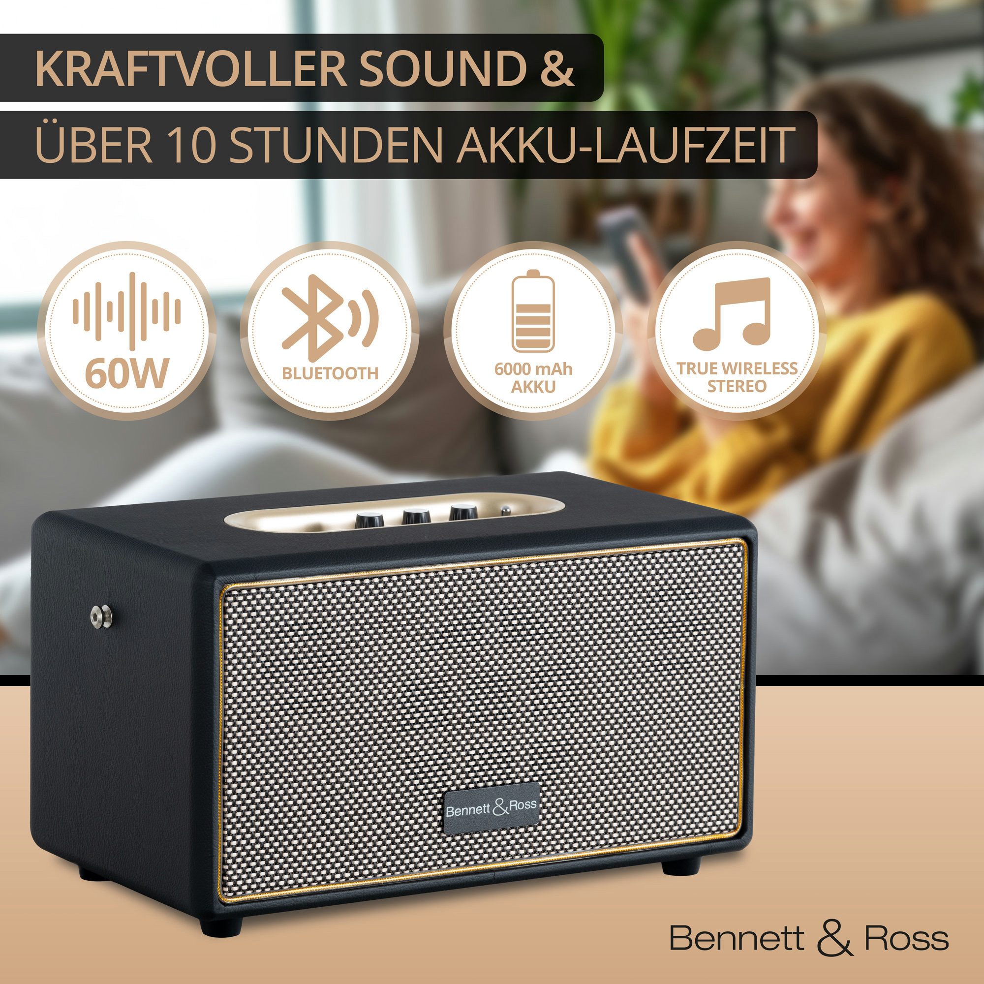 Bennett & Ross BB-860A BK Blackmore Bluetooth Akku Lautsprecher Schwarz Bluetooth-Lautsprecher (60 W, Premium Speaker mit Gehäuse in Lederoptik & 6000 mAh Akku)