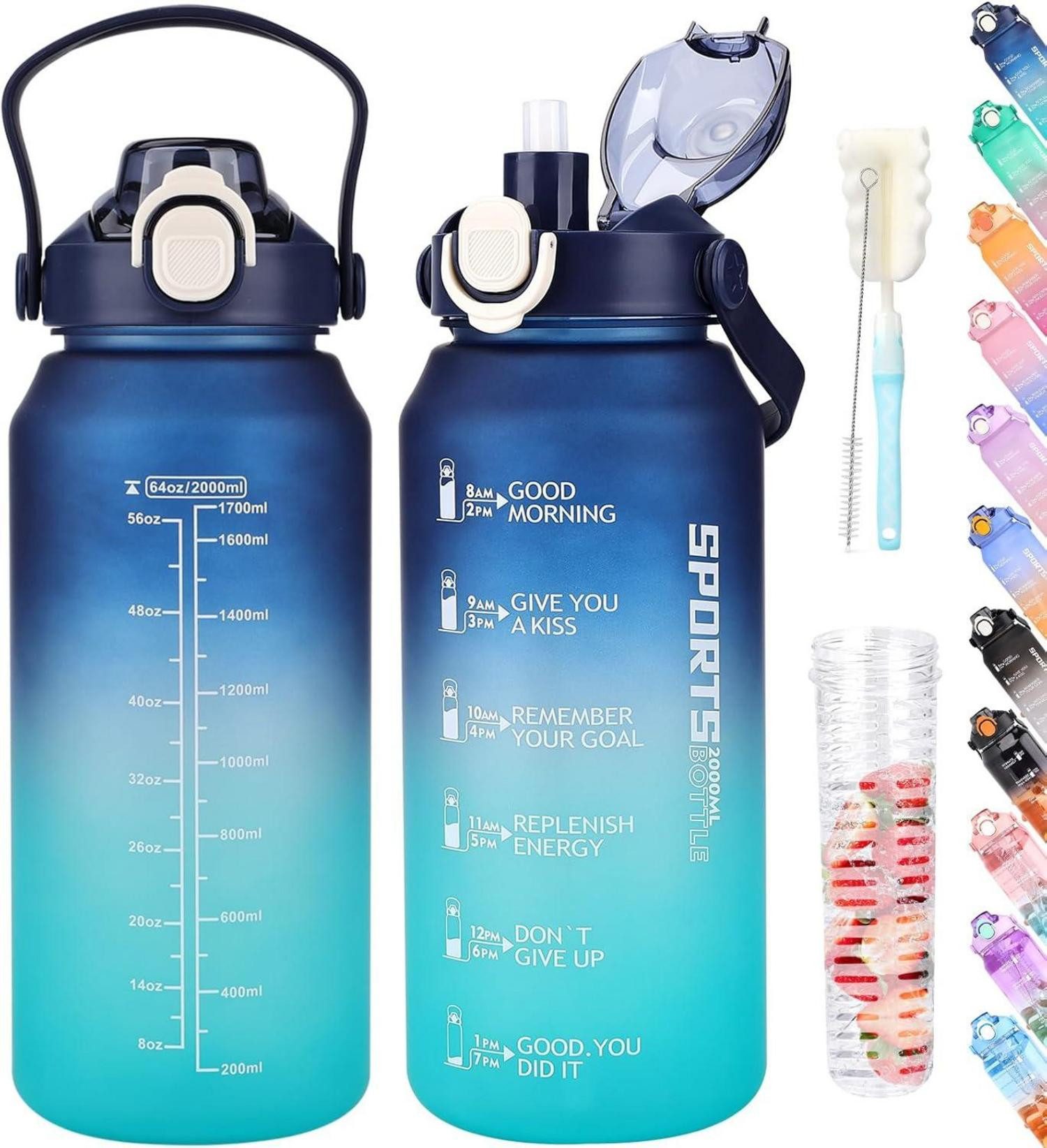 Becher Trinkflasche 2l mit Strohhalm, Früchtebehälter & Zeitmarkierung