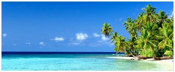 Wallario Wandfolie, Blauer Himmel weißer Strand Palmen und das tiefblaue Meer, in verschiedenen Ausführungen