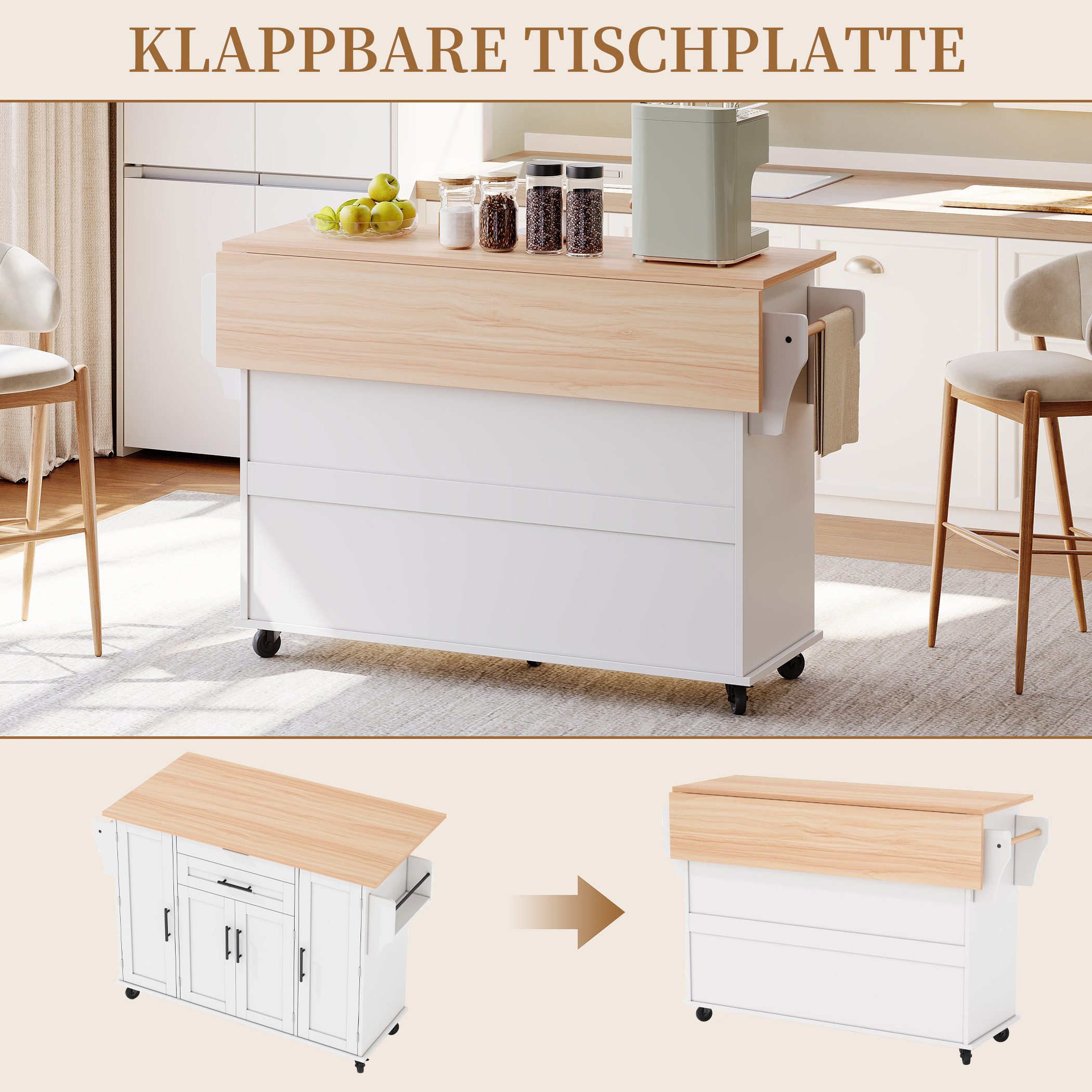 SeedWave Kücheninsel auf Rollen, mit Klappbarer Tischplatte, Besteckschublade, Staufächern, 1 Gewürzboard & Handtuchhalter, 3 höhenverstellbare Einlegeböden