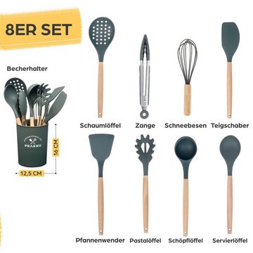 Praknu Kochbesteck-Set - 8 Silikon Küchenhelfer, Holzgriff Kochgeschirr Küchenutensilien (Set, 8-tlg), Küchen Accessoires Zubehör Haushalt Set & Halterung / Aufhängeschlaufe