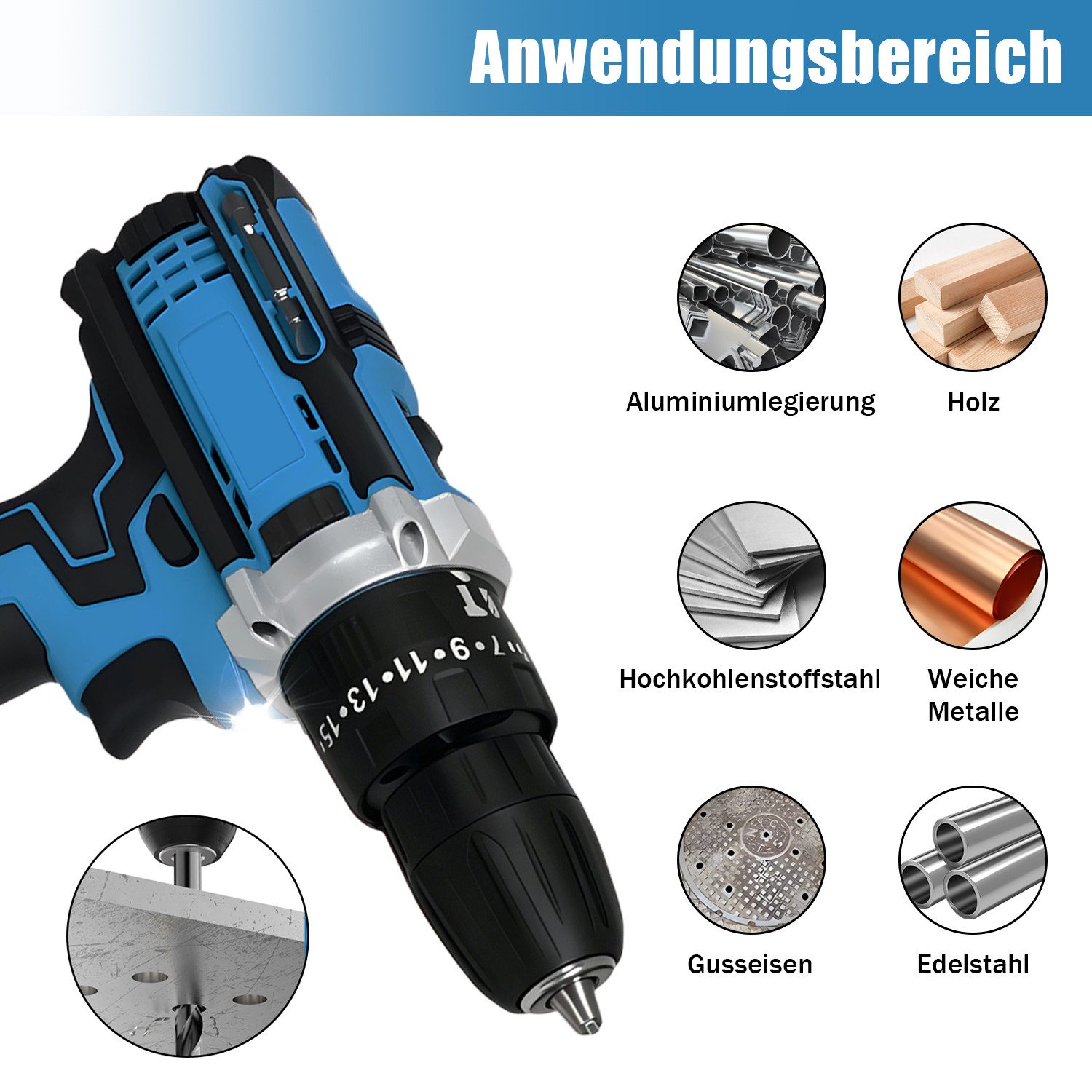 AKKEE Akku-Bohrschrauber Akkuschrauber und Bohrschrauber, Akku-Schrauber, Akkuschrauber Set, max. 1850 U/min, mit 2 x 2000mAh Akkus – Bild 4 von 5