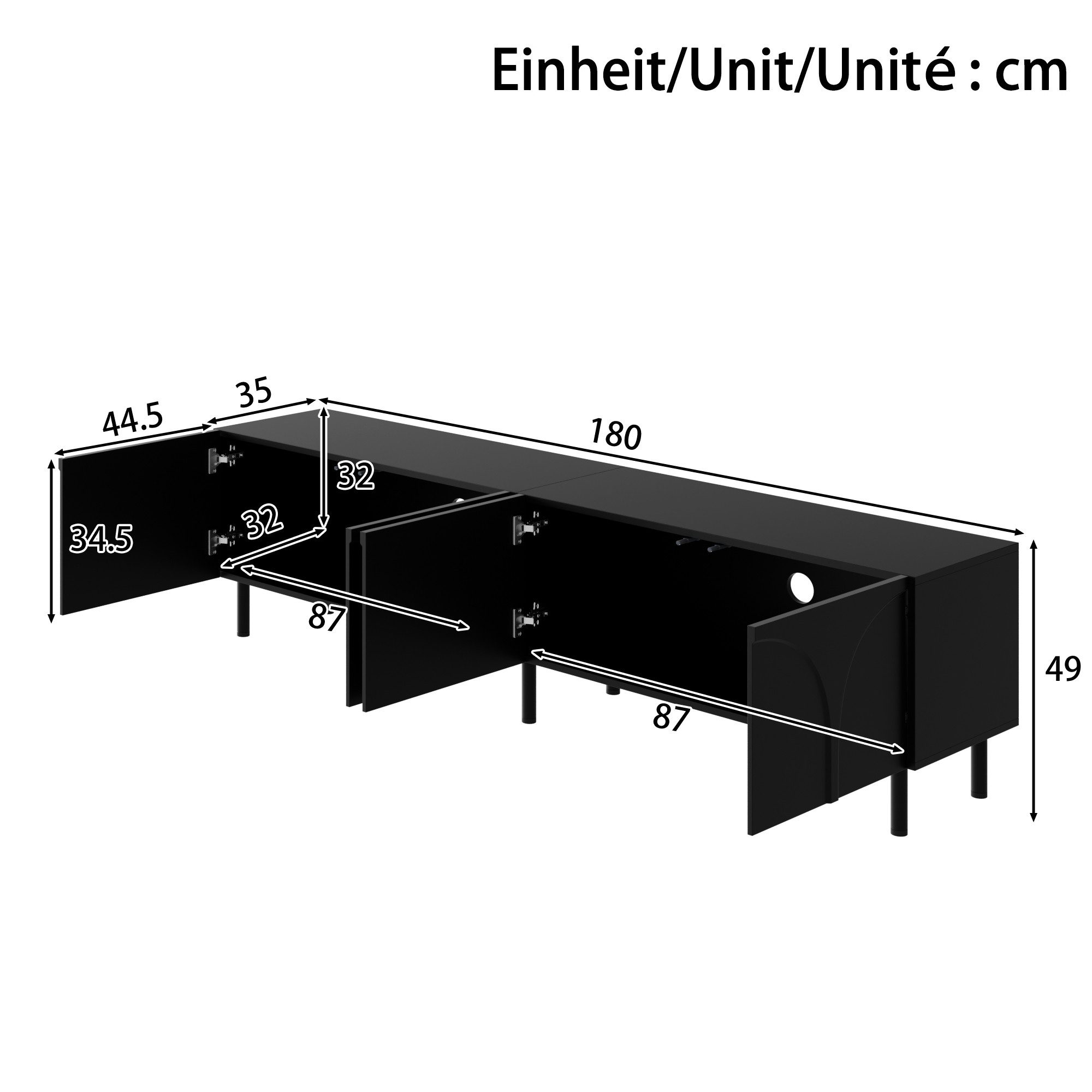 Merax Lowboard mit 3D geschwungenen Linien (180 x 35 x 49 cm (L x B x H), 1 St), TV-Schrank mit 4 Türen, 2 Staurräumen & Metallfüßen – Bild 4 von 5