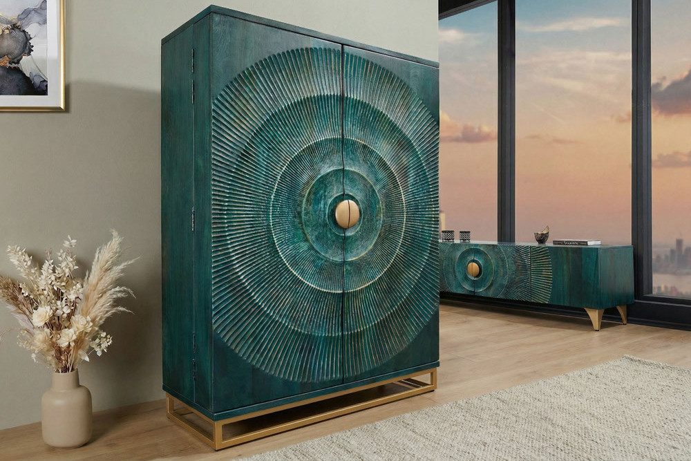 riess-ambiente Barschrank GOLDEN SUNSET 140cm türkis/gold- Mangoholz, Metall, Lack, Handarbeit (Einzelartikel, 1-St) Massivholz · Küche · Wohnzimmer · Stauraum · 24 Flaschen · 3D Front