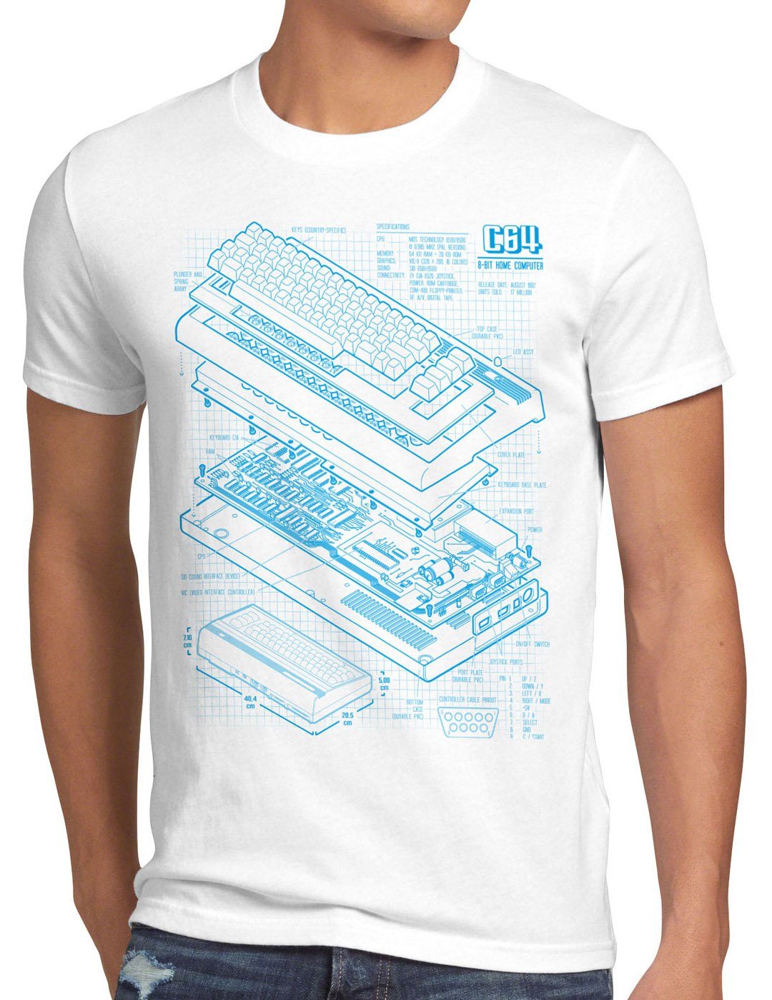 style3 Print-Shirt Herren T-Shirt C64 Heimcomputer Blaupause classic gamer weiß