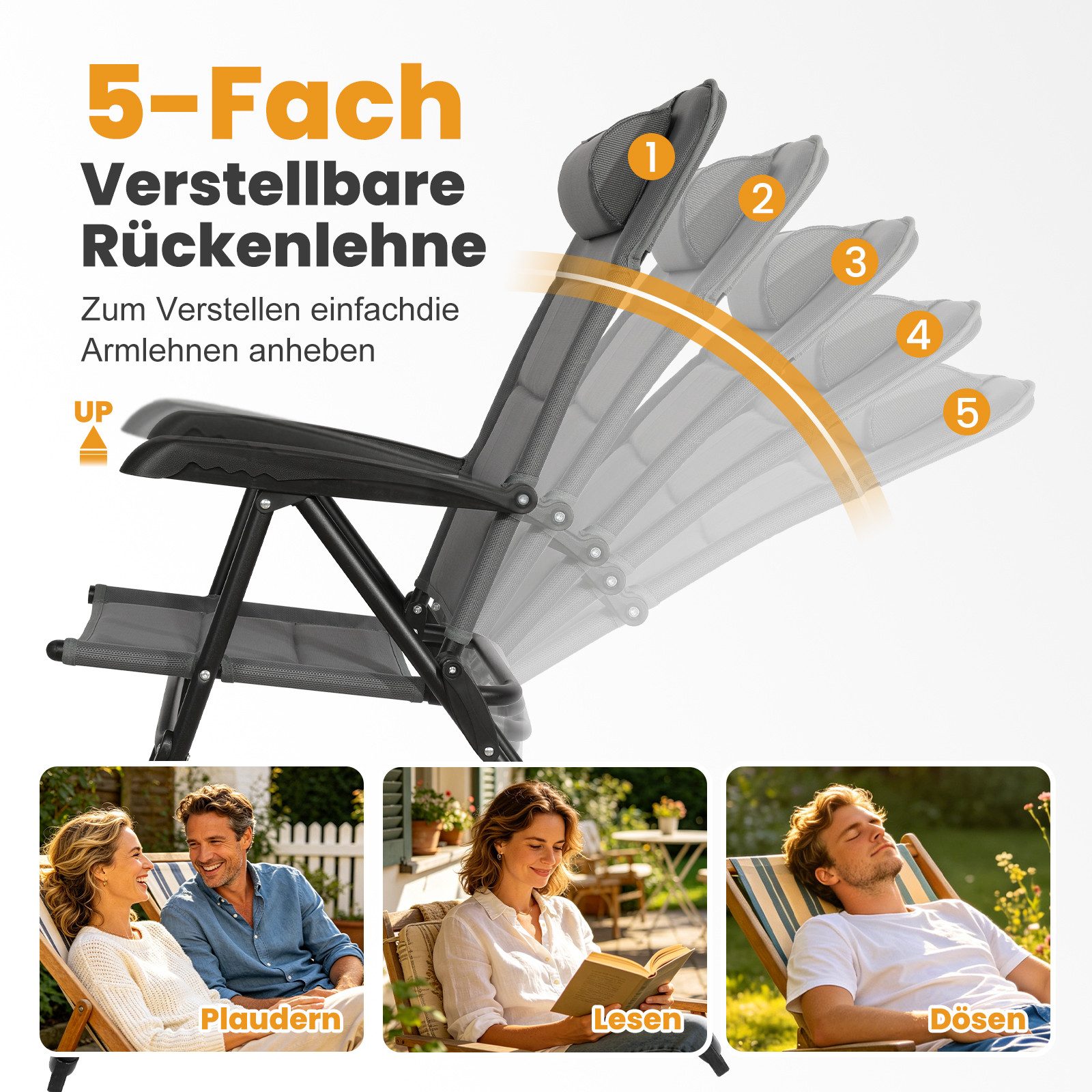 HOMECALL Campingstuhl Gartenstuhl Anglerstuhl Faltsessel Klappstuhl für Wohnwagen Outdoors (Textilene gepolstert mit Quick-Dry-Schaum, 1 St), 5 fach Verstellbar – Bild 5 von 5