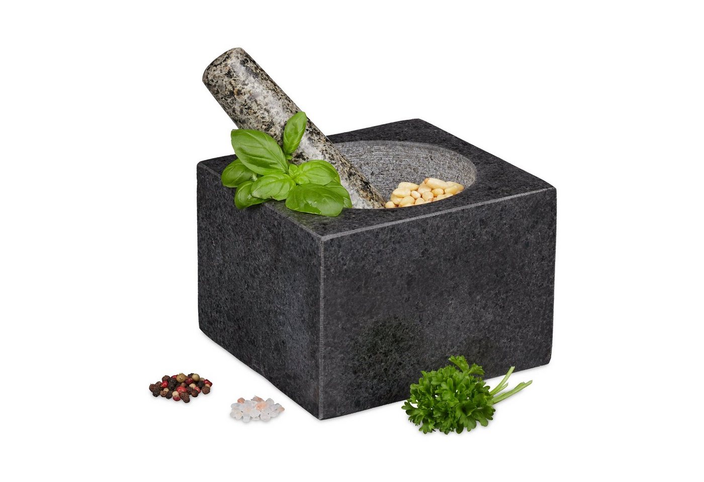 relaxdays Mörser Eckiger Mörser mit Stößel aus Granit, (2-tlg)