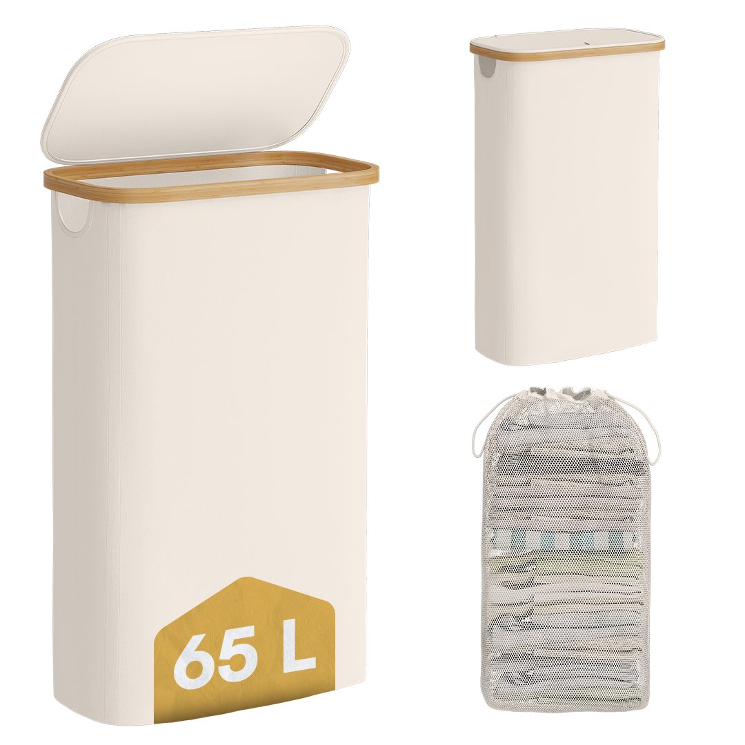 Bellamio Wäschekorb Tolt mit herausnehmbarem Wäschesack (Beige, 65 L), mit Deckel aus Stoff & Bambus, verfügbar mit 1/2/3 Fächern