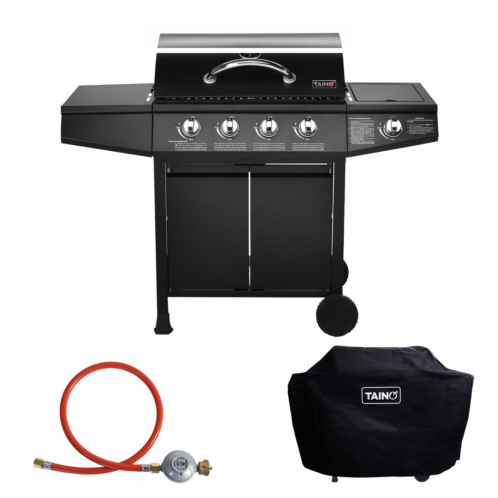 TAINO Gasgrill BASIC 4+1, Gasgrill mit Gasdruckminderer, Gasschlauch und Abdeckhaube, Piezozündung, 4 Brenner aus Edelstahl, Seitenkocher