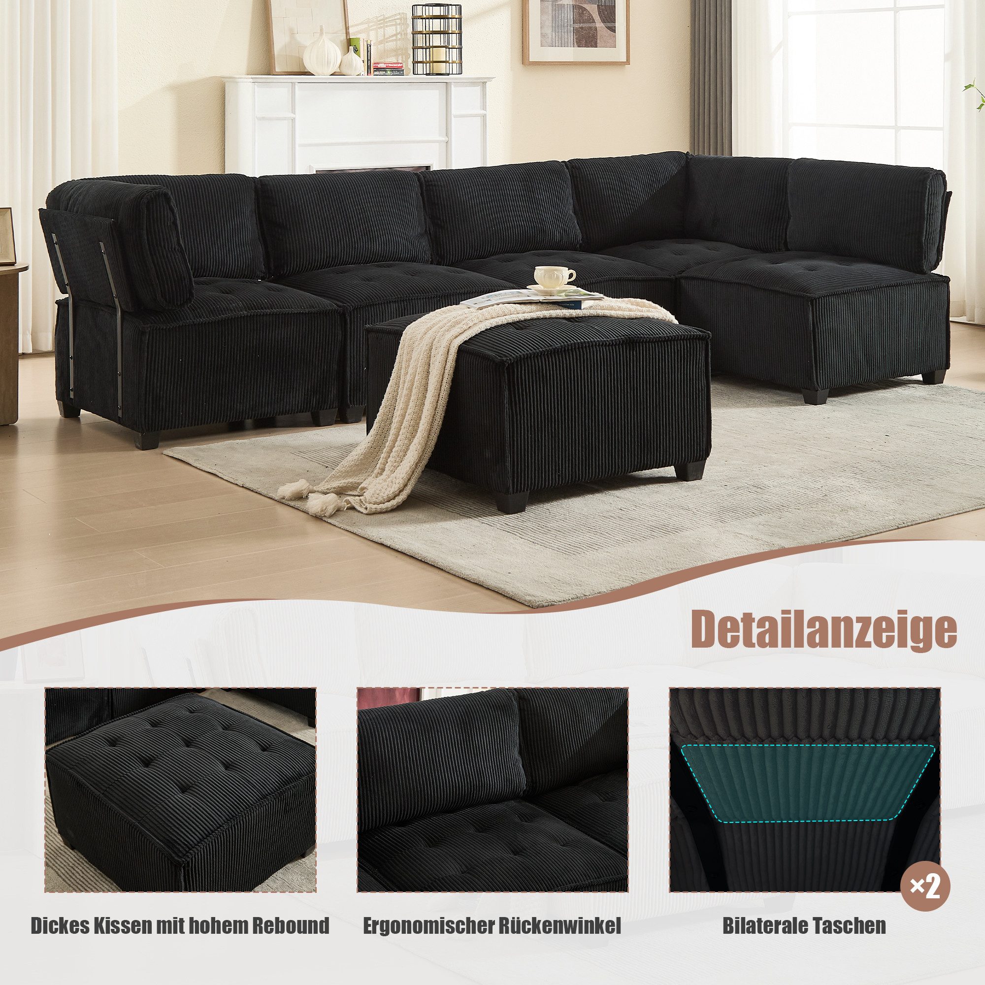 Odikalo Big-Sofa Lounge Schlafsofa 6-Sitzer-Sofa U/L-Form Cordstoff Stauraum Mehrfarbig