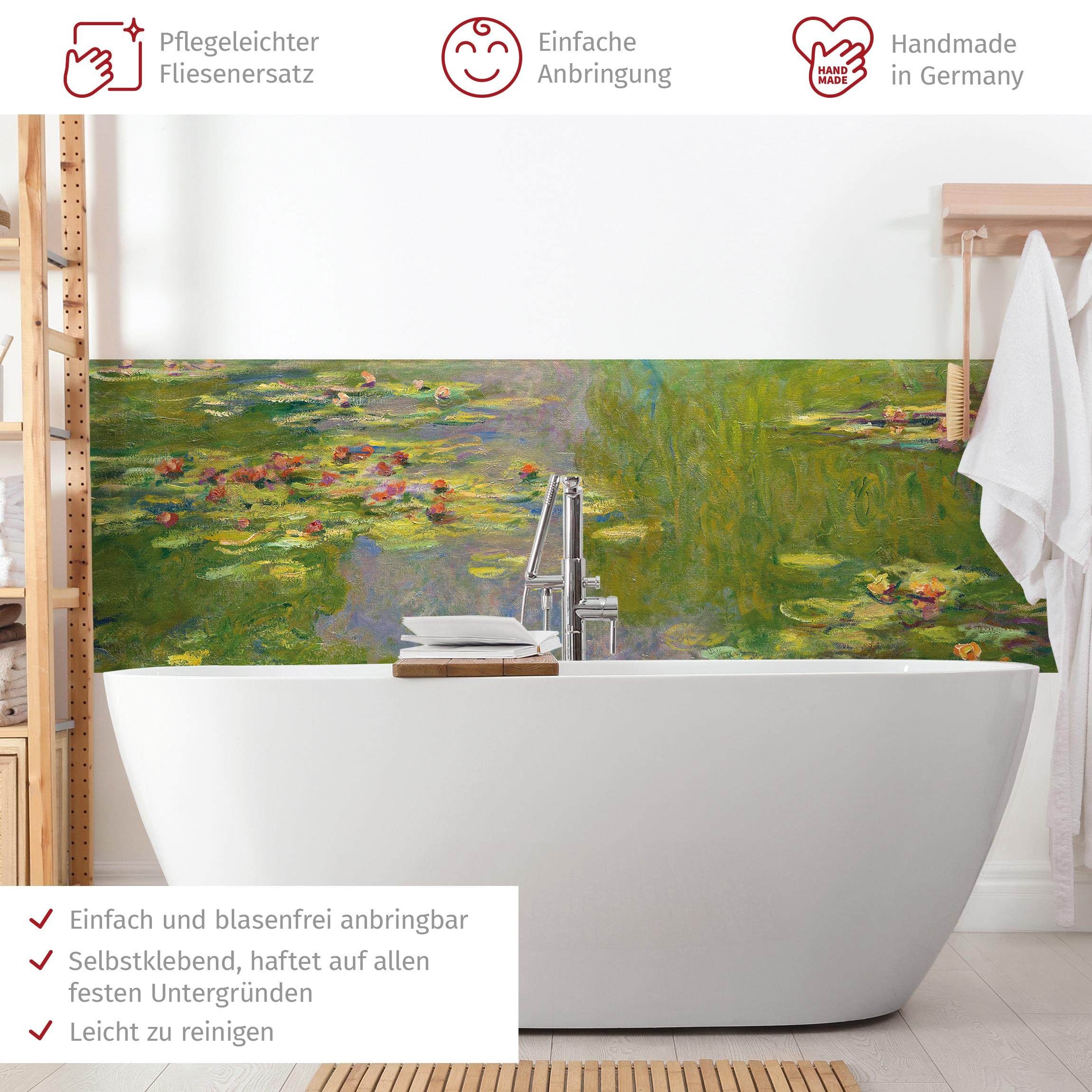 Bilderdepot24 Badrückwand grün fugenlose Wandverkleidung Bad Tropisch, (Hartfolie matt » Selbstklebend SMART 0,35 mm), wasserfestes Wandpaneel Claude Monet Grüne Seerosen