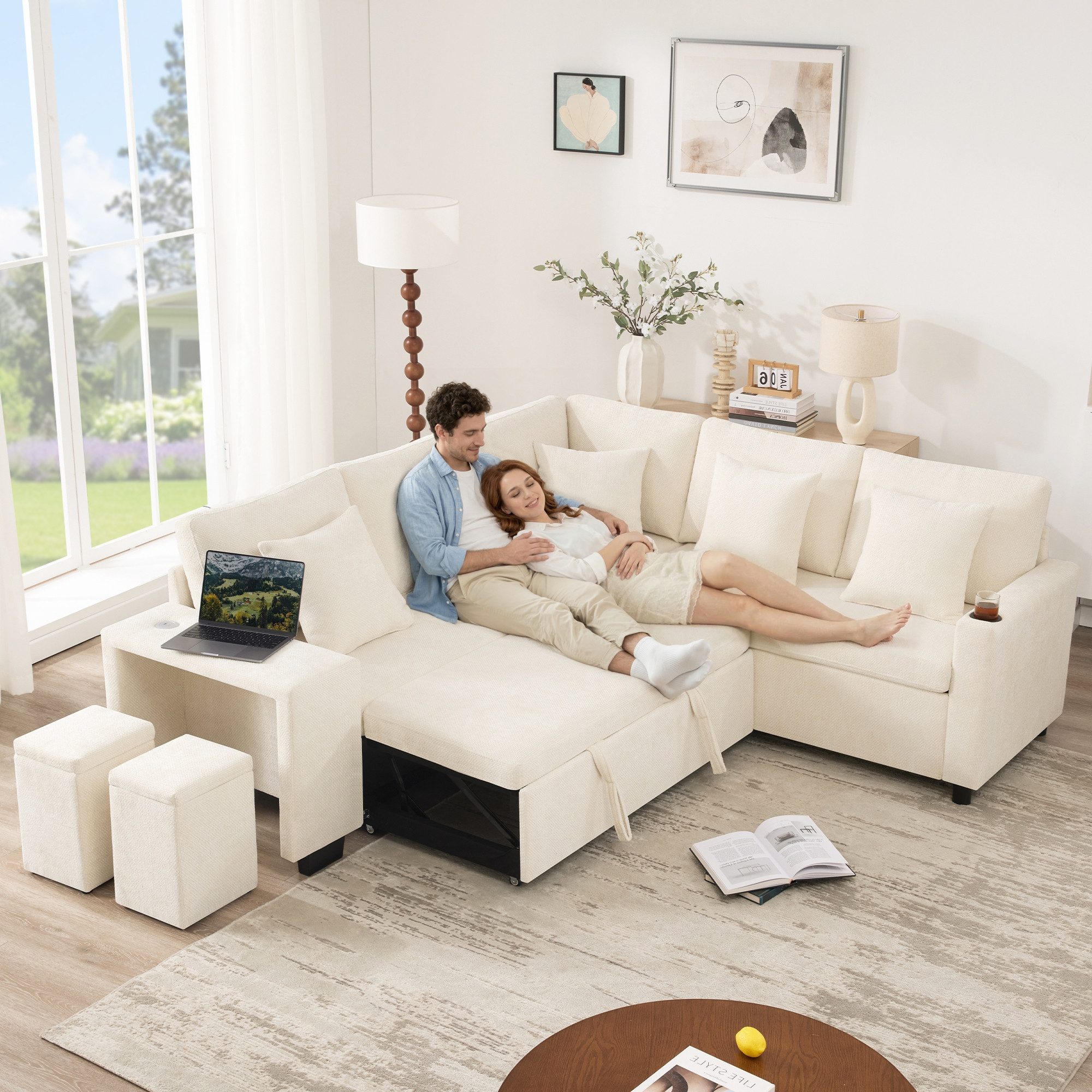 i@home Ecksofa L-förmiges Umwandelbares Schlafsofa, mit Schlaffunktion,Stauraum, USB-und USB-C Anschlüsse,Breite Armlehnen