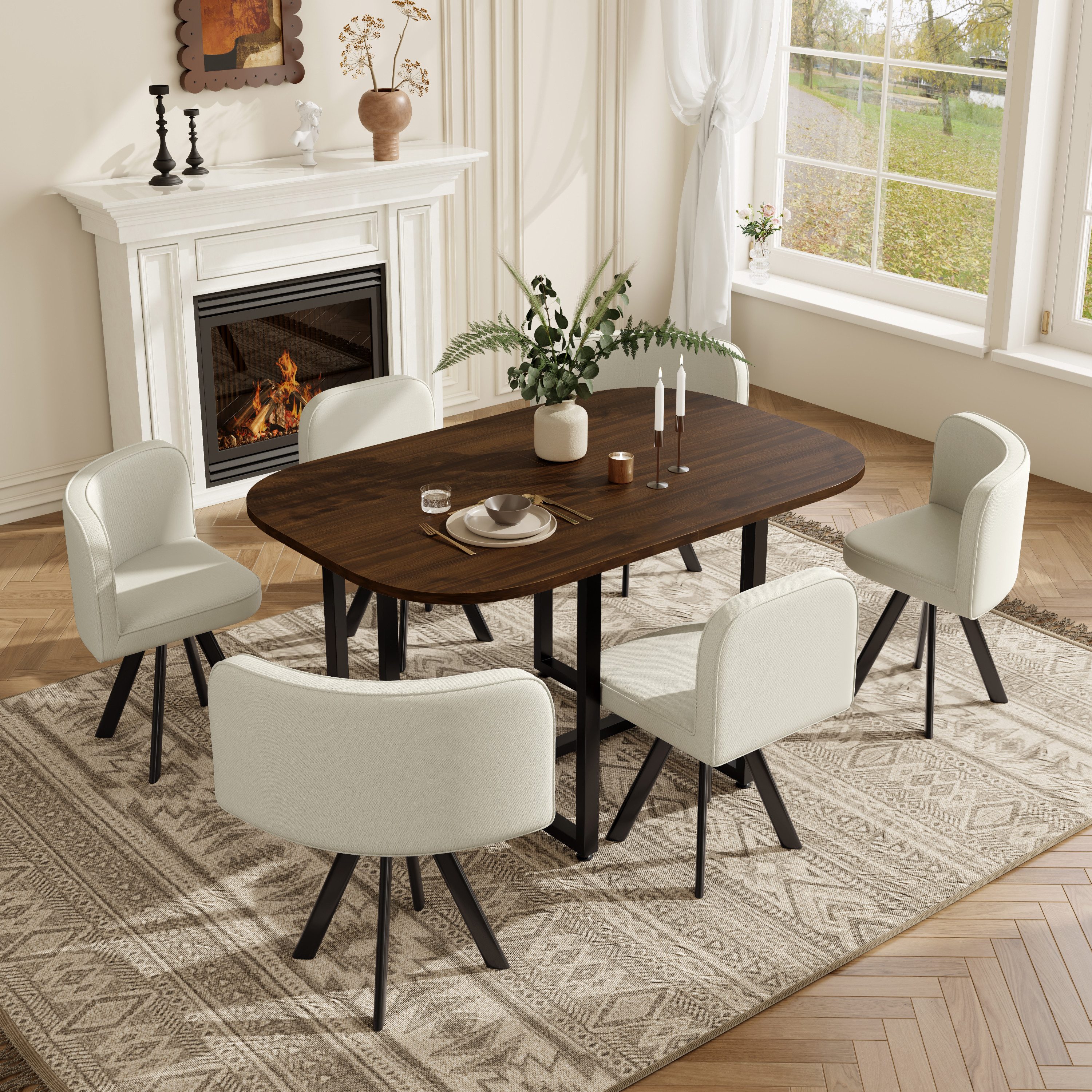 STILVORA Essgruppe für 6 Personen mit 140 x 90 cm Esstisch und 6 Esszimmerstuhl, (Essgruppe mit Leinenbezug, 25D-Schaumstoff & Walnussholzoptik, Platzsparendes Set, pflegeleichter Tischplatte), Für Küche, Esszimmer, Familienessen und gesellige Abende
