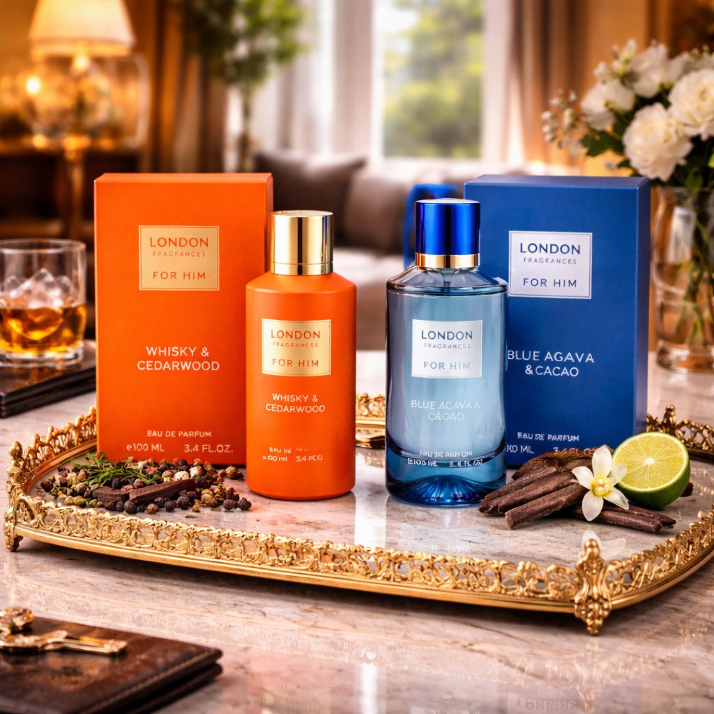 LONDON FRAGRANCES Eau de Parfum For Him, Herrenduft. Blue Agava & Whisky Cedarwood 100 ml, 2-tlg., Hergestellt in UK, Elegant