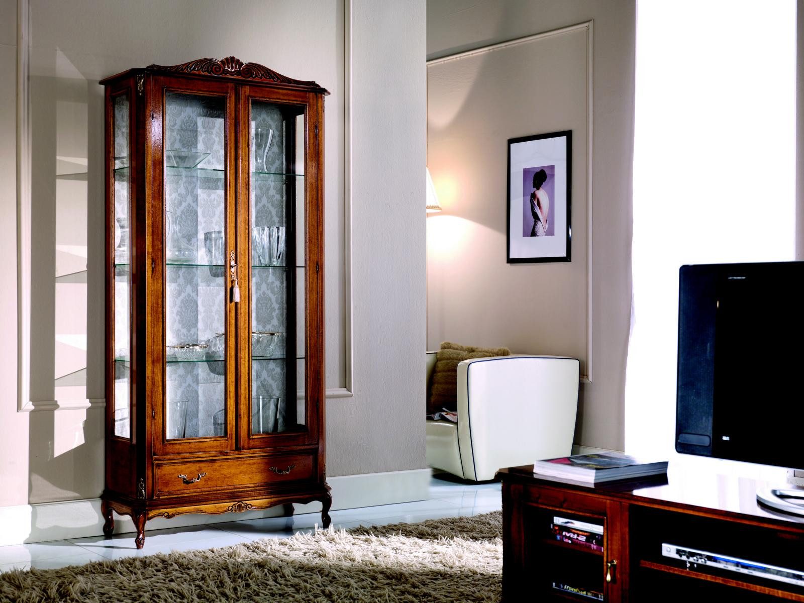 Vitrine Edle Holzvitrine in Braun mit 2 Glastüren und Schublade