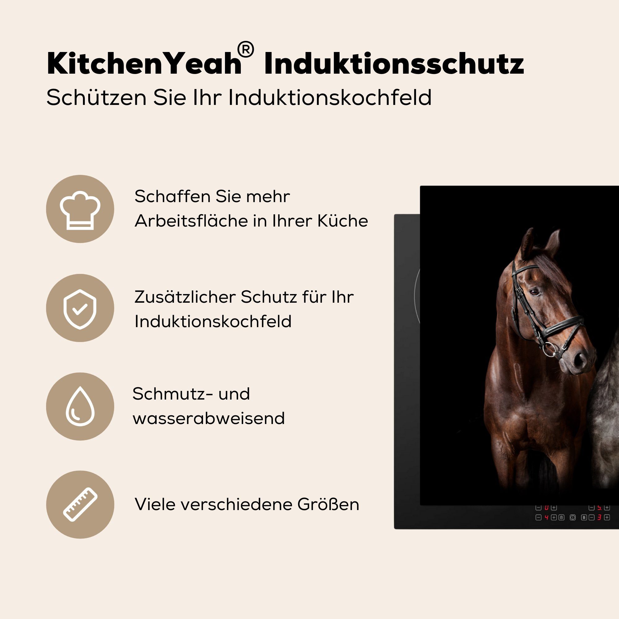 MuchoWow Herdblende-/Abdeckplatte Pferde - 81x52 Tiere (1 - Induktionskochfeld für Schutz Schwarz, die cm, tlg), Vinyl, Ceranfeldabdeckung küche
