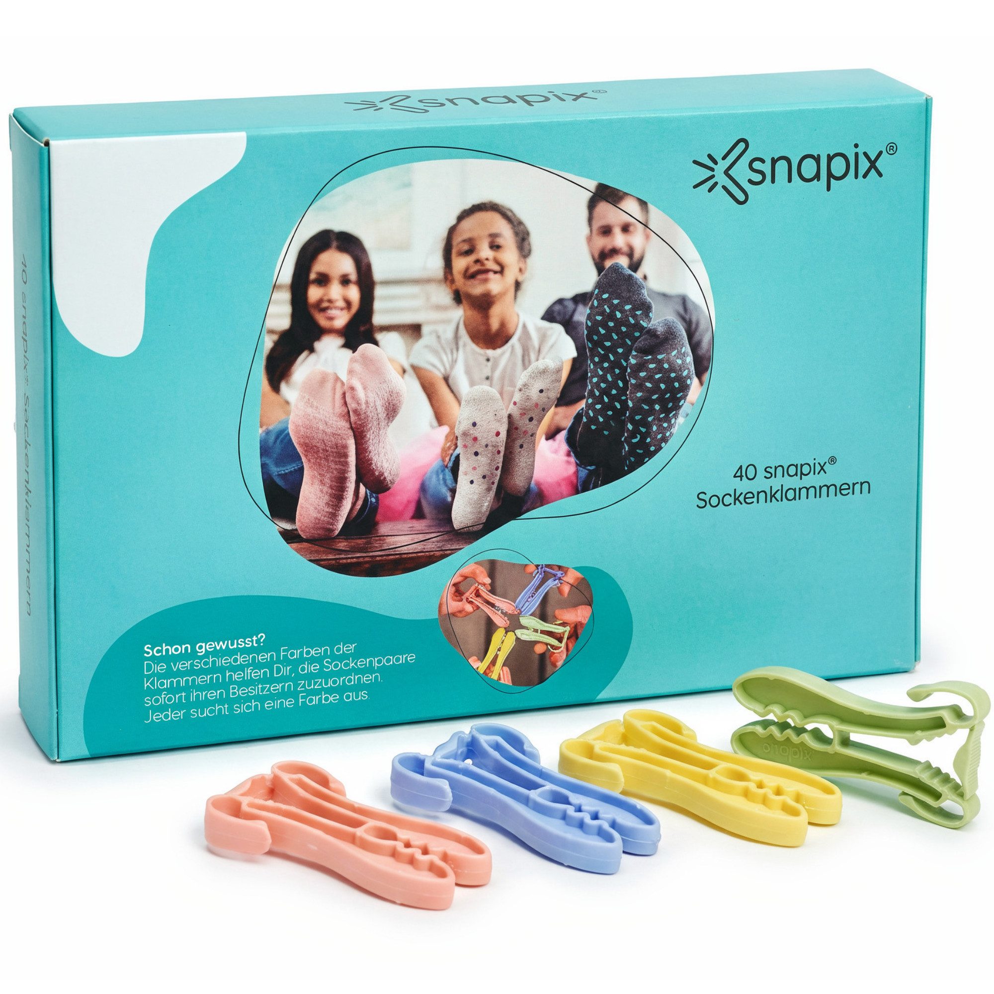 snapix Sockenklammer [40 Stück],(Set mit Klammerbeutel & Wäschenetz ODER 40x Einzelklammern, Sockenclips für Waschmaschine und Trockner), Nie Wieder Socken sortieren