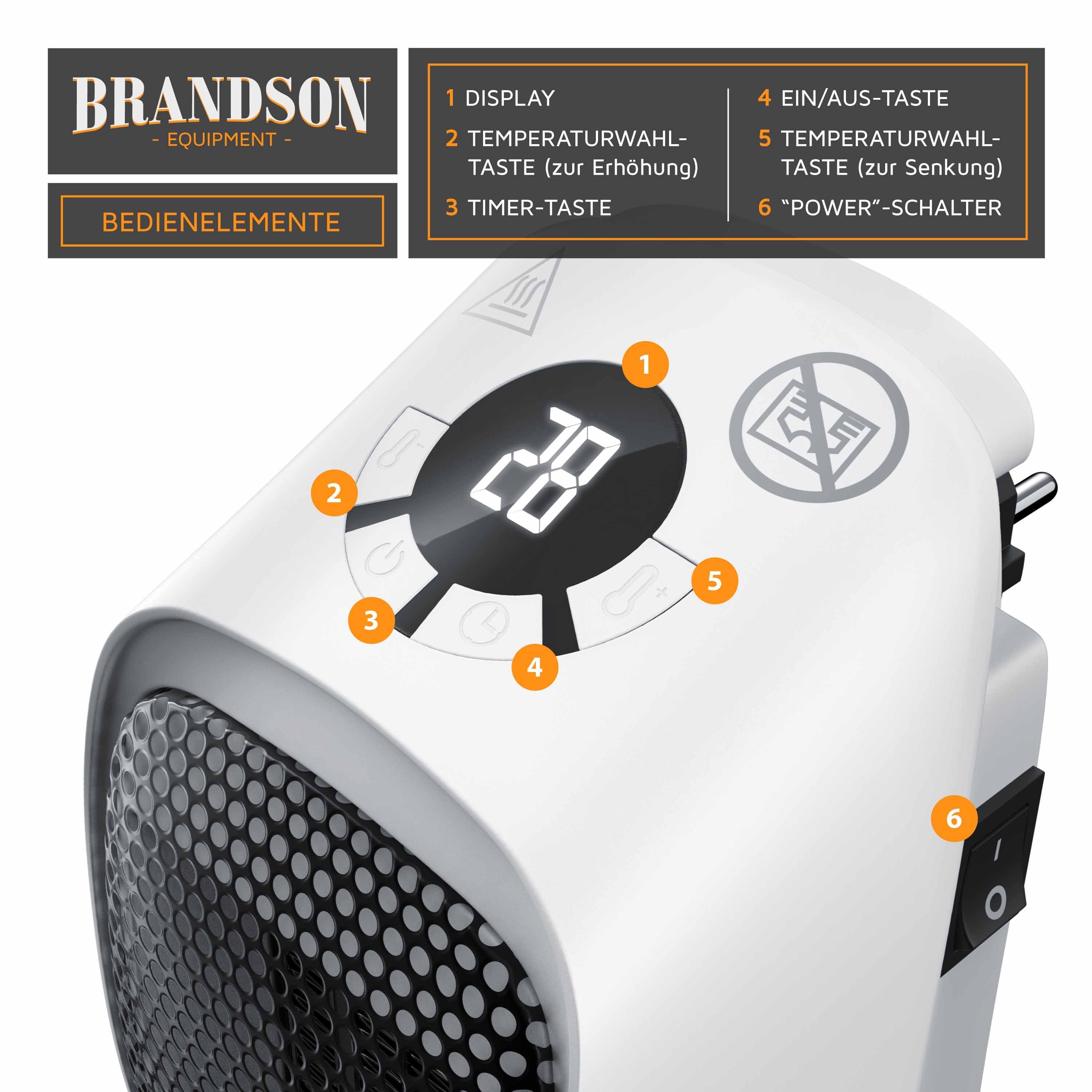 Brandson Keramikheizlüfter Steckdosen Mini Heizlüfter, Mini Keramikheizgerät, Temperaturregelung, 400 W, Timer & Überhitzungsschutz, für Bad und Schlafzimmer geeignet, 400W