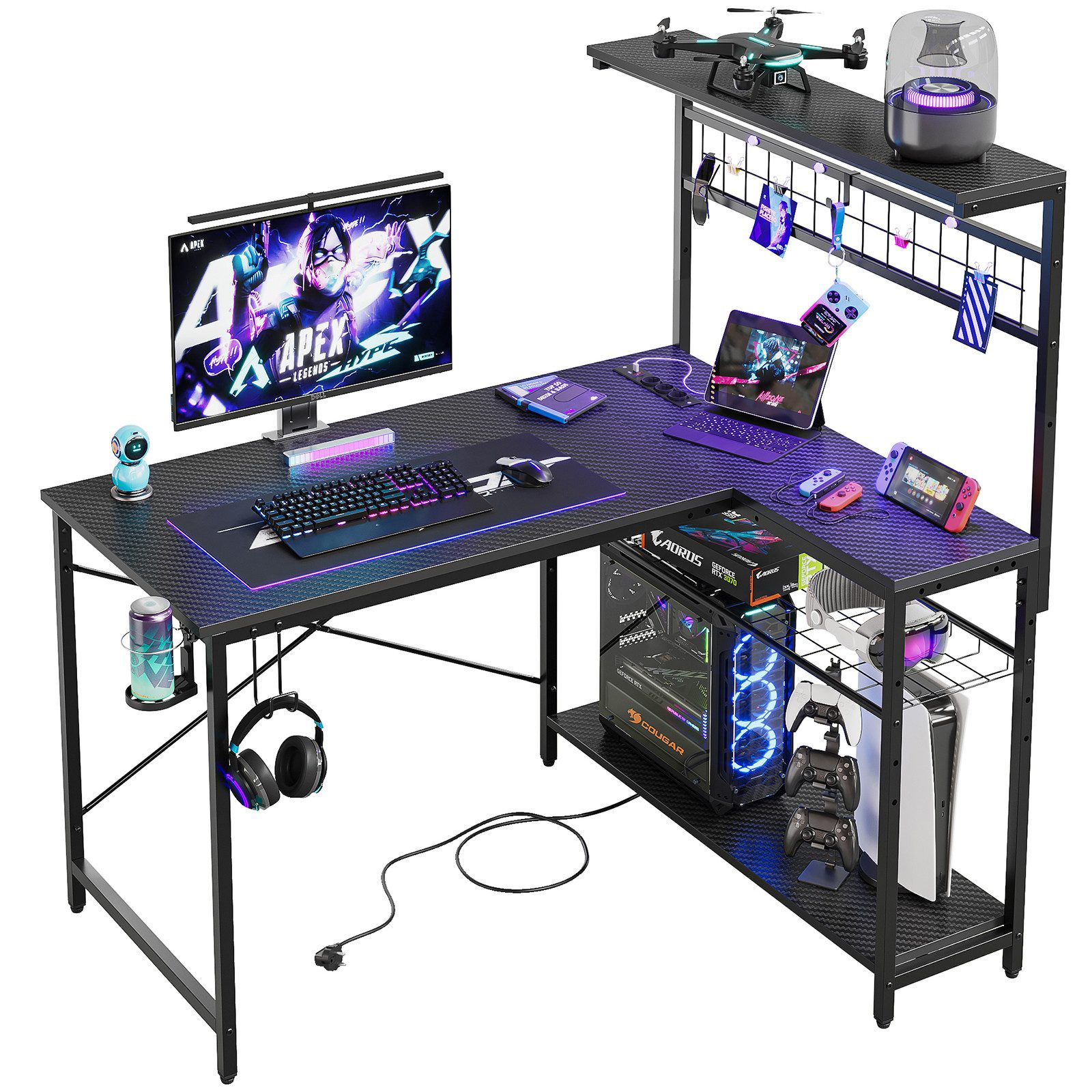 Bestier Gamingtisch L-förmiger Gamingtisch mit LED-Beleuchtung (106,6 x 82, günstig online kaufen