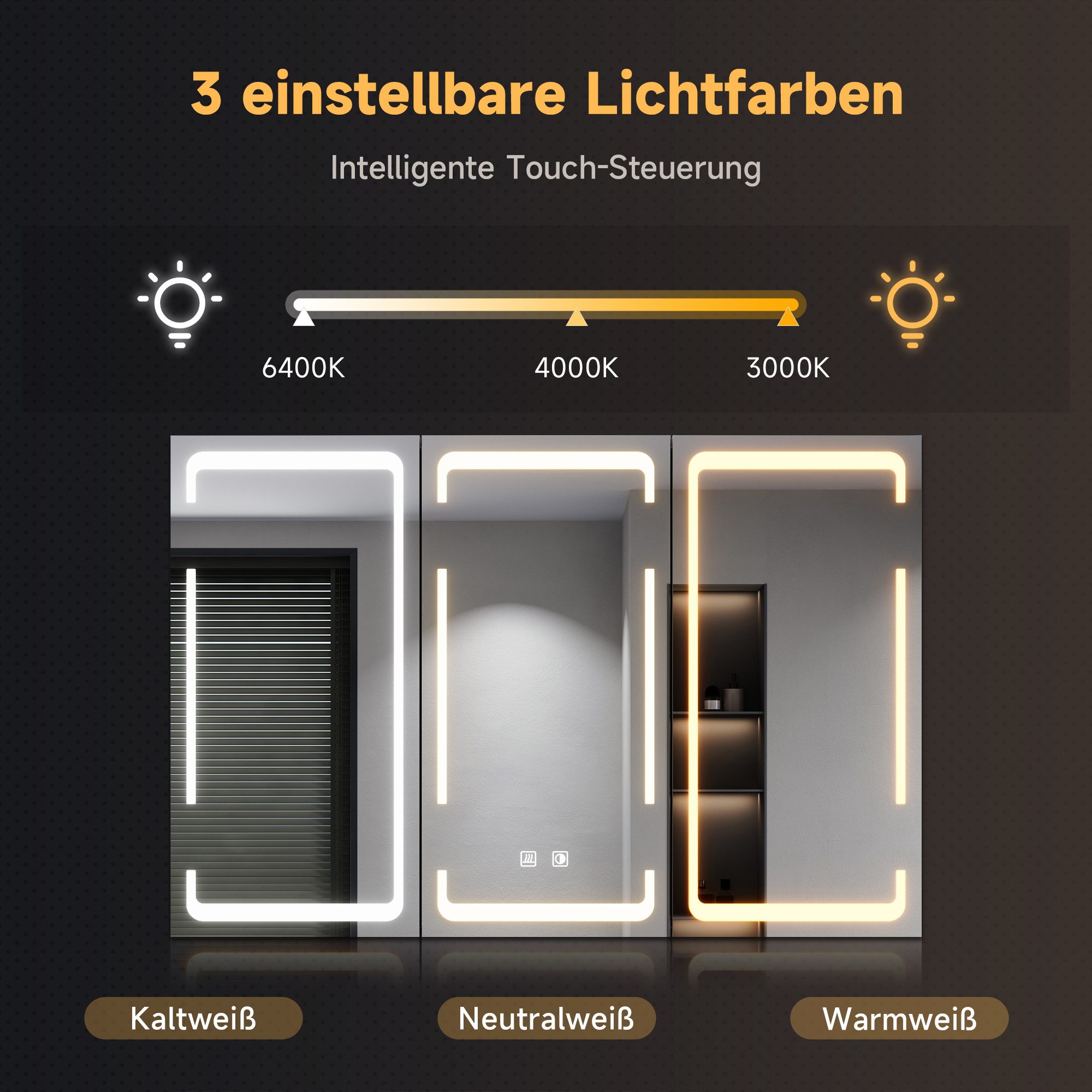 SONNI Spiegelschrank Dreitüriger Badspiegelschrank,Verstellbare Schotten 90x60cm – Bild 2 von 5
