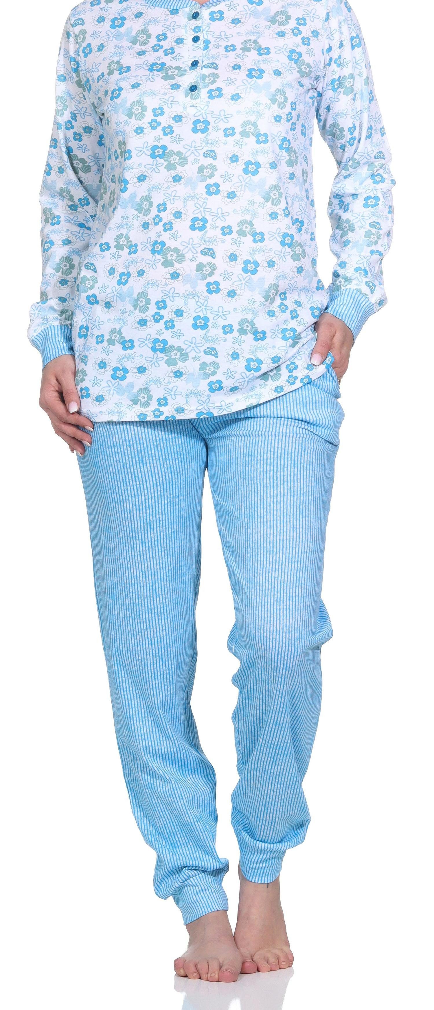 Pyjama Damen Schlafanzug mit Bündchen, Pyjama Hose in feiner Streifenoptik