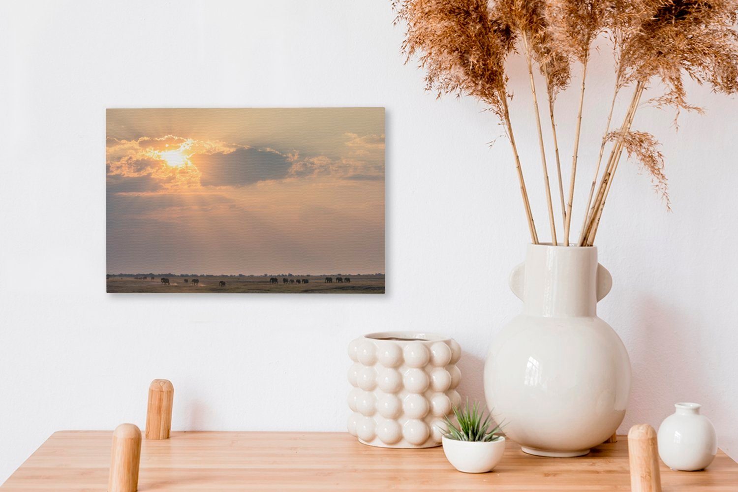 OneMillionCanvasses® Leinwandbild Sonnenstrahlen 30x20 Wanddeko, St), über der (1 cm Chobe-Nationalpark., Aufhängefertig, Leinwandbilder, Savanne Wandbild im