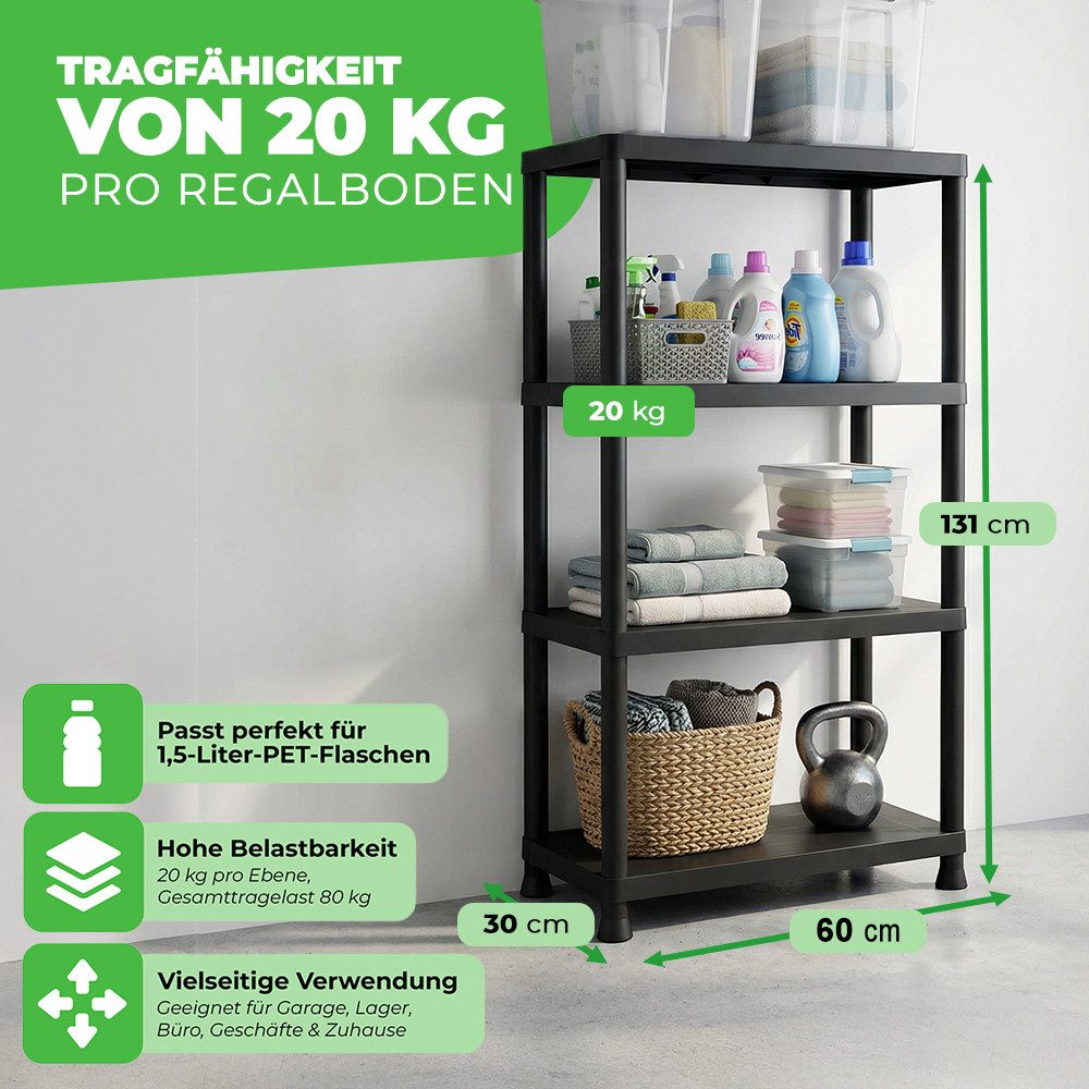 ONDIS24 Steckregal 2x Kunststoffregal, 60 x 30 x 131 (H) cm, 4 Böden, Schwerlastregal, bis zu 80 kg, Regal, Lagerregal - Doppelpack