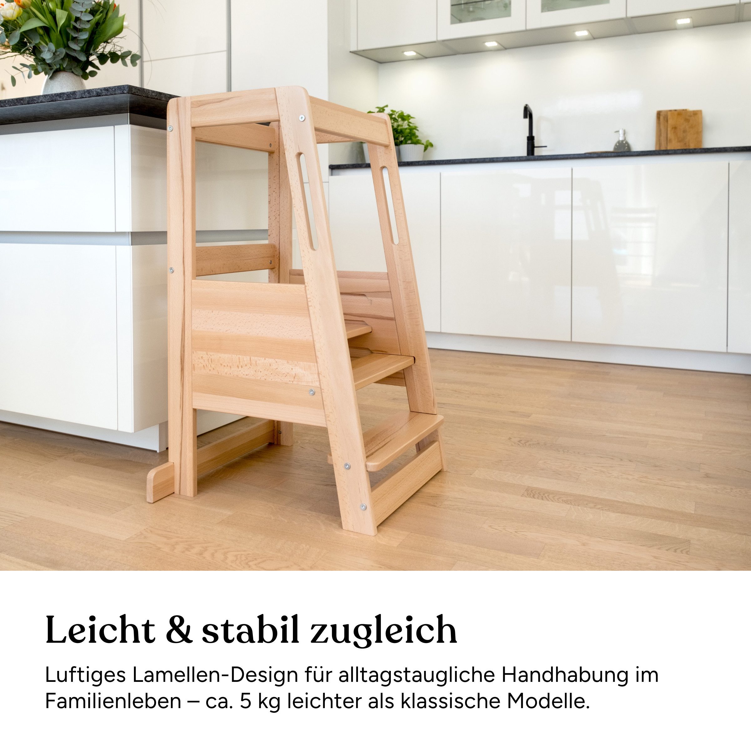 Ehrenkind Stehhilfe Lernturm mit extra Kleinkindstufe, Montessori Tritthocker für Kinder (Buche transparent lackiert, 3-fach höhenverstellbarer Standfläche), geeignet ab ca. 12 Monaten, sobald das Kind sicher stehen kann