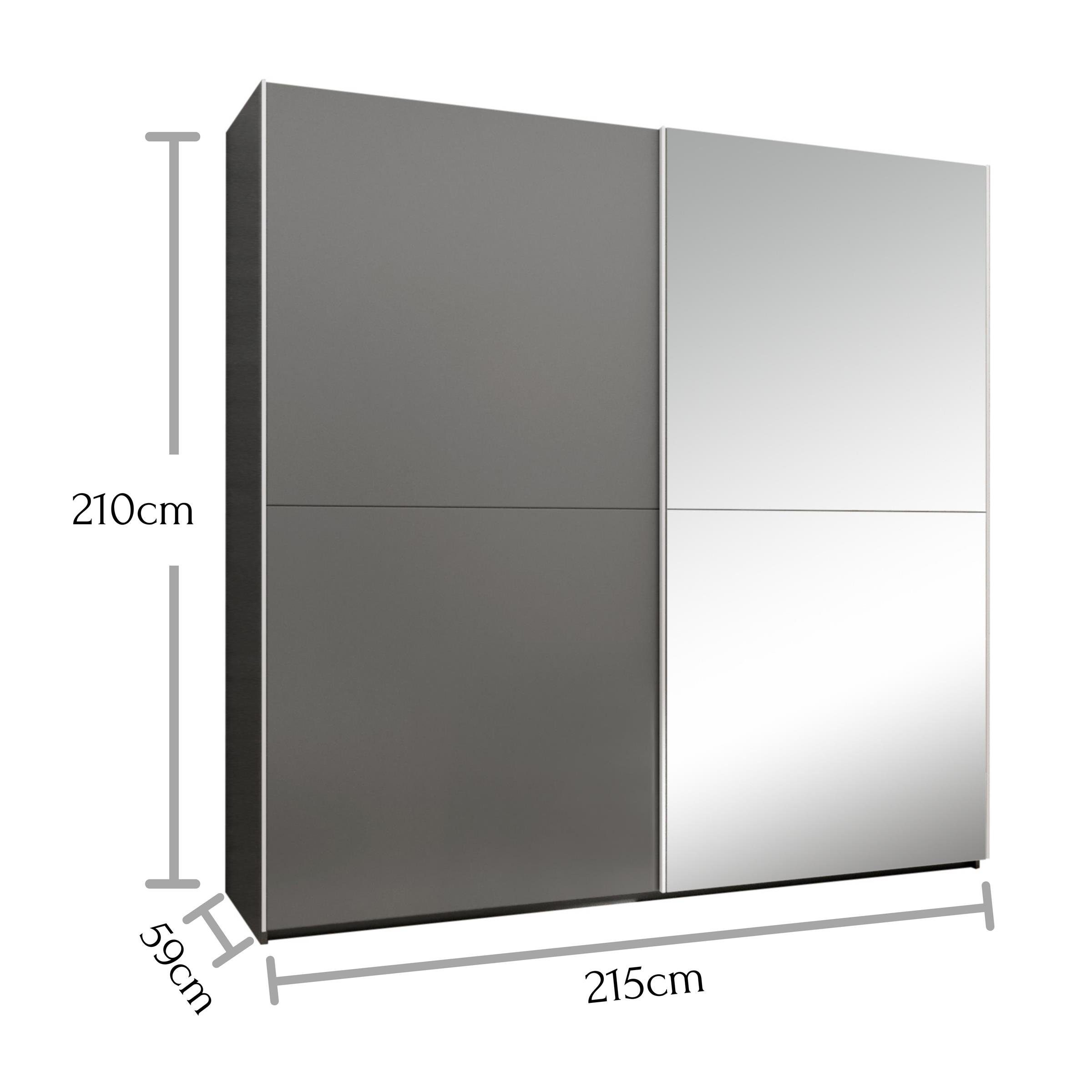 möbelando Schwebetürenschrank Jelena Moderner Schwebetürenschrank Spanplatte 2 aus 215 Schwebetüren, Breite Graphit 59 cm, in 2 2 Tiefe cm und mit Konstruktionsböden 210 Höhe cm, Kleiderstangen