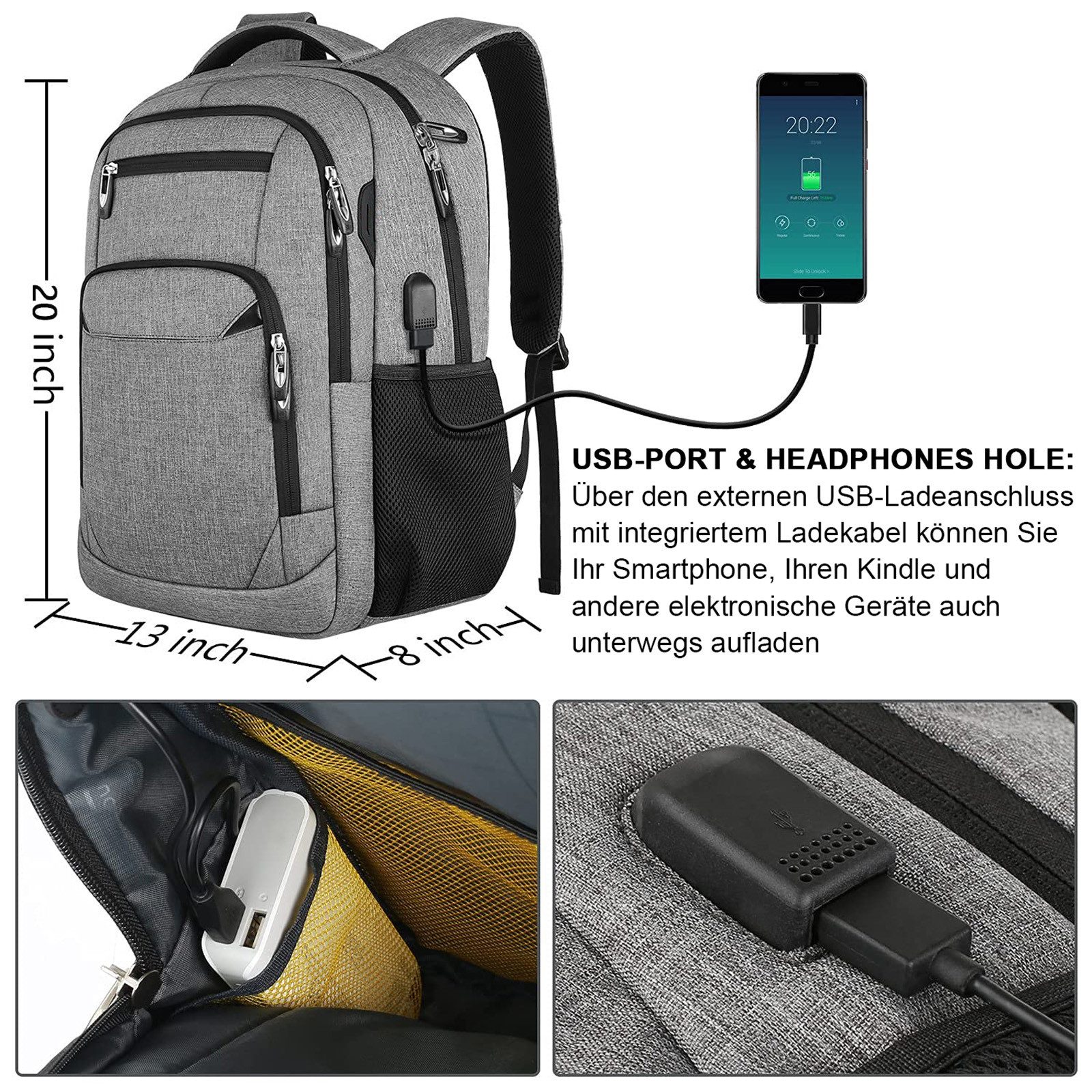 OKWISH Laptoprucksack Laptop Rucksäcke Schulrucksack Wasserbeständig Laptoptasche (Uni Tasche Businessrucksack Sportrucksack, Anti-Diebstahl, Backpack mit Laptopfach, mit USB-Anschluss), Herren Damen Jungen Teenager Arbeit Business Freizeit Reisen