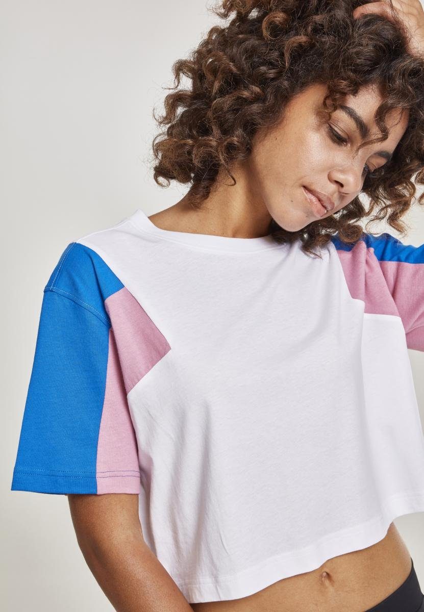 URBAN CLASSICS T-Shirt Tee (1-tlg) Short 3-Tone Damen Oversize Ladies white/brightblue/coolpink