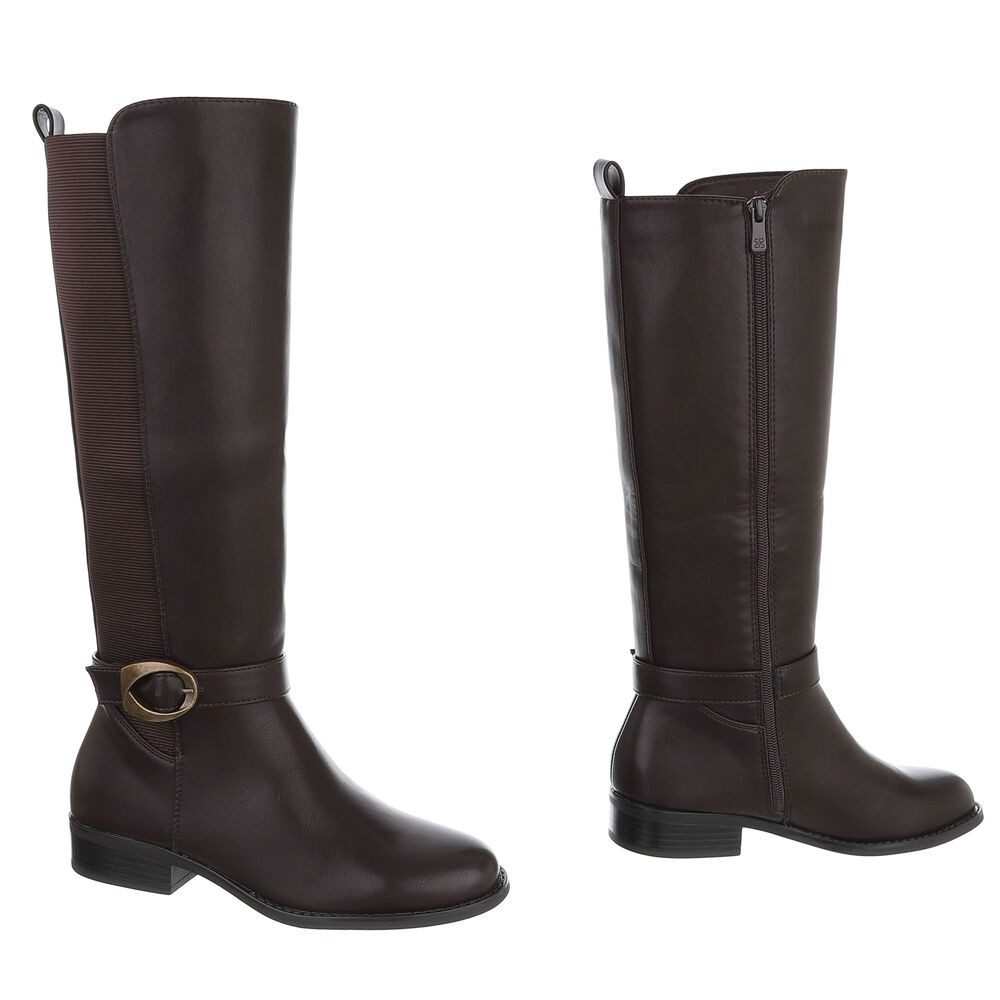 Ital-Design Damen Langschaftstiefel mit Schnallen-Detail Stiefel (92125548) Blockabsatz Flache Stiefel in Braun – Bild 4 von 5