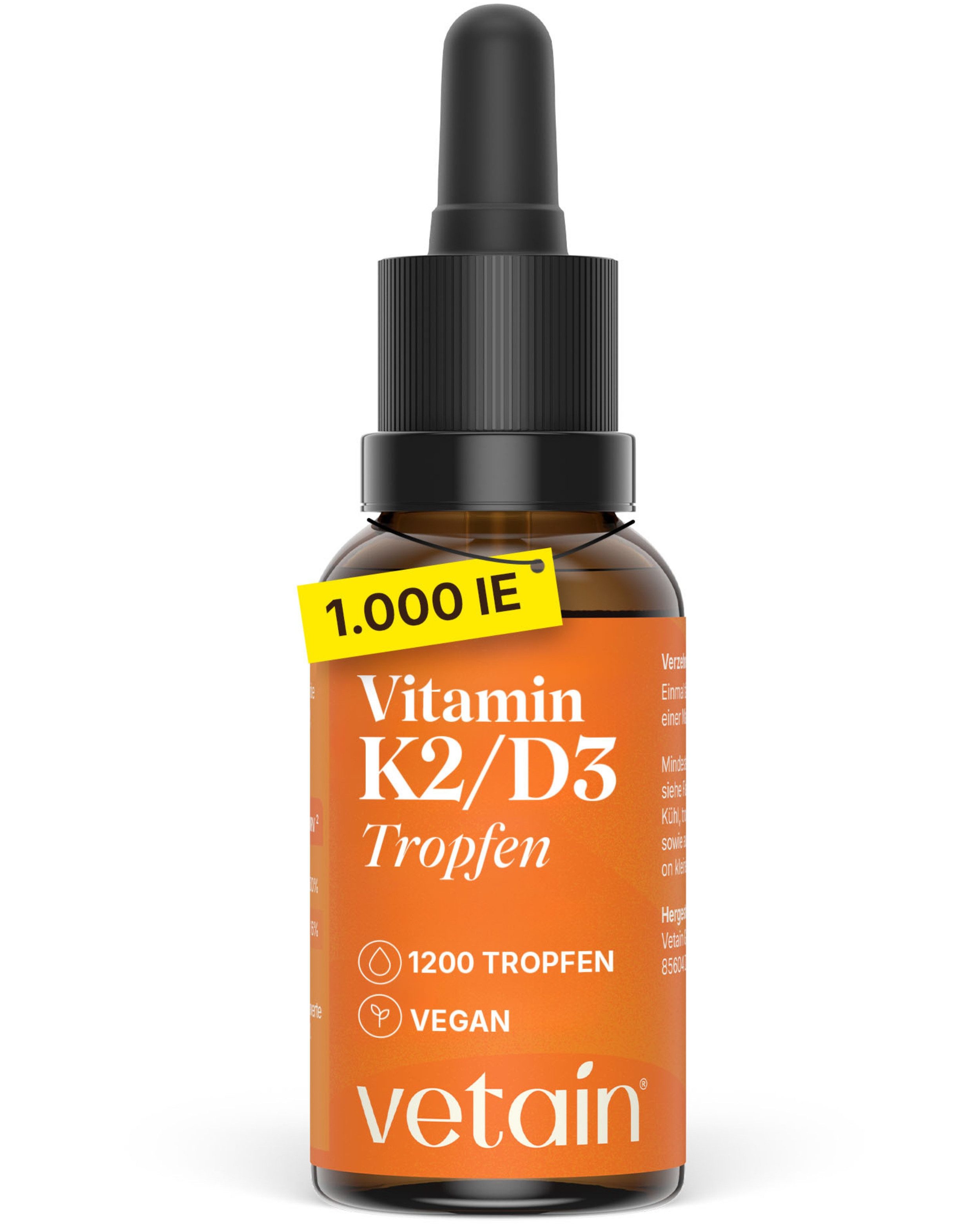 VETAIN Vitamin D3 K2 - 1000 I.E. Vitamin D & 12µg Vitamin K2 - Tropfen, 1200 St., 30 ml, Vitamin D3 aus Pinie + K2Vital®