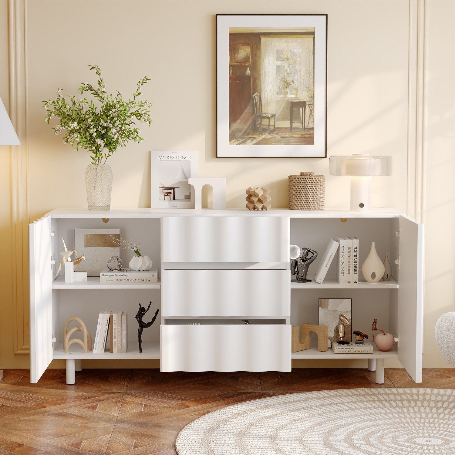 FUFU&GAGA Sideboard mit 2 Türen und 3 Schubladen, Hochglanz-Finish mit Well günstig online kaufen
