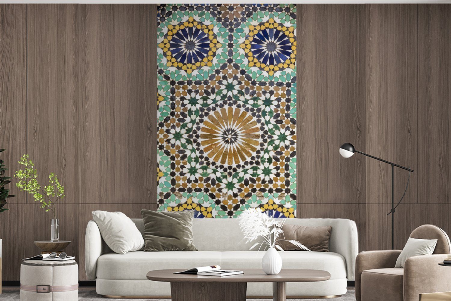 (2 Wohnzimmer bedruckt, Fototapete Fototapete Eine für Vliestapete Matt, Nahaufnahme marokkanischen MuchoWow Schlafzimmer eines Küche, Mosaiks, St),