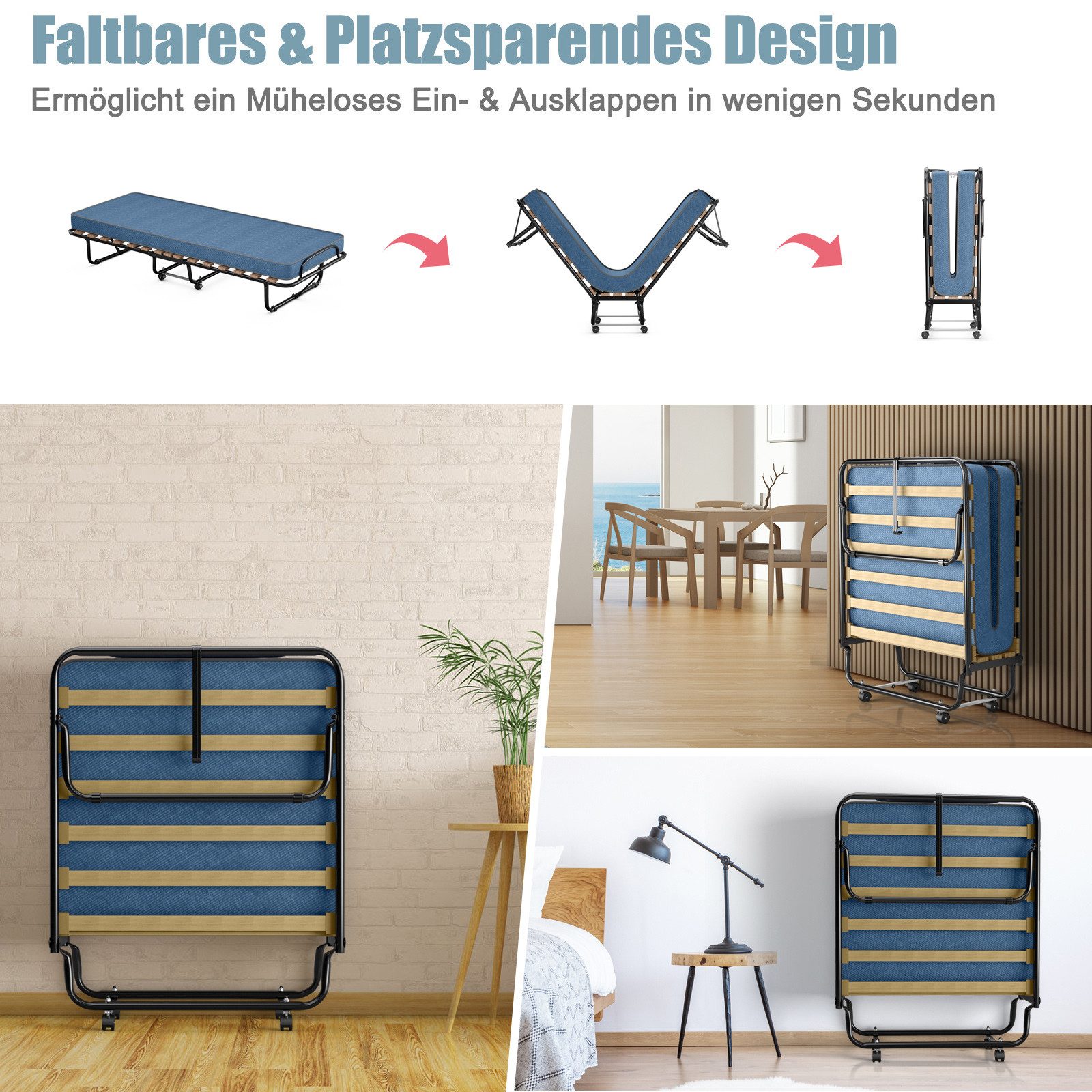 COSTWAY Gästebett klappbar mit Matratze, 80x190cm Einzelbett mit Rollen