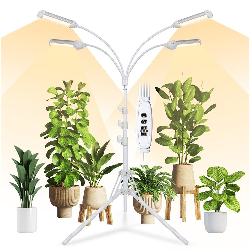 Jibenhome Pflanzenlampe Wasserdicht LED Pflanzenlicht Vollspektrum Sonnenlicht mit Ständer, Dimmbar 4 Kopf 360 LEDs 3000K Wachstumslampe mit Zeitschaltuhr