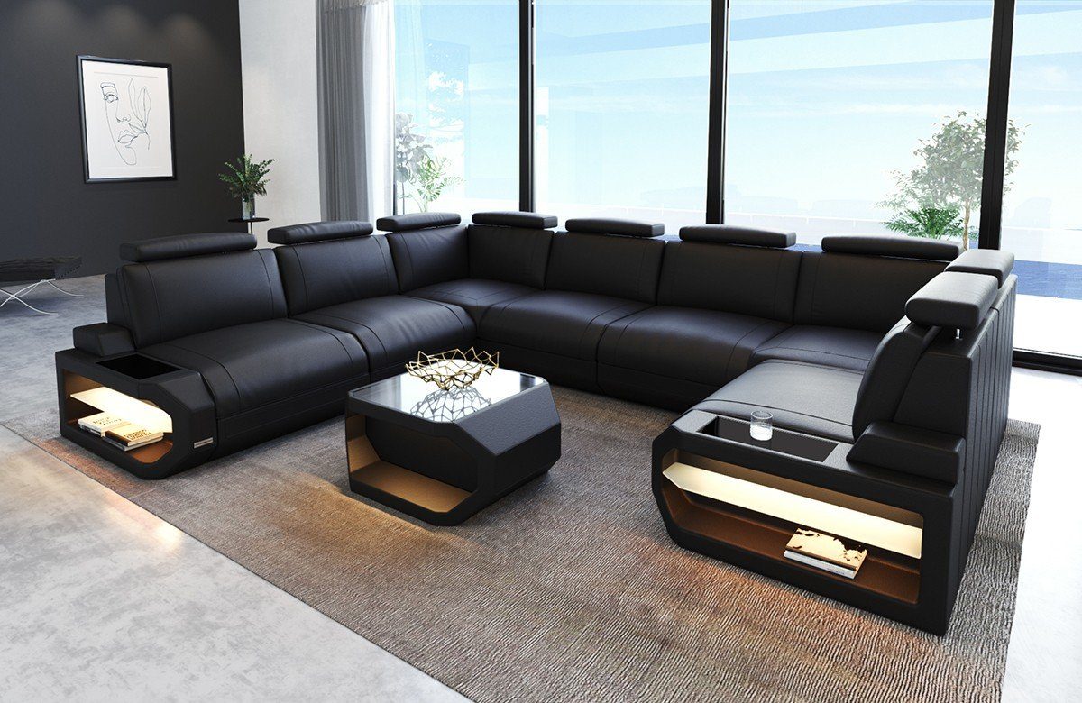 Sofa Dreams mit und Wohnlandschaft LED-Beleuchtung Form Wohnlandschaft U-Form Sofa Couch Siena Ledersofa, USB U Ledersofa Leder